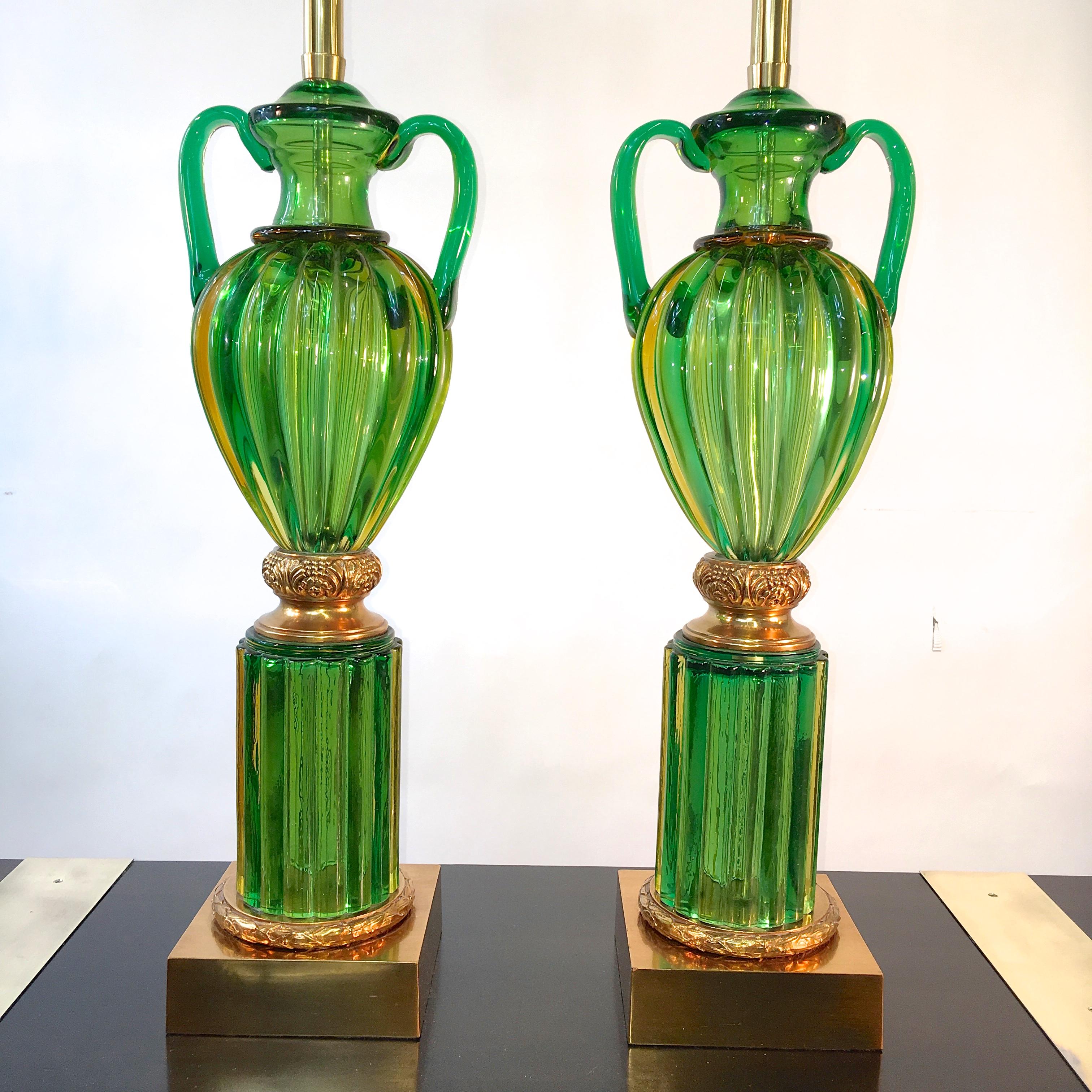 Mid-20th Century Pair of Seguso Murano Green Glass 