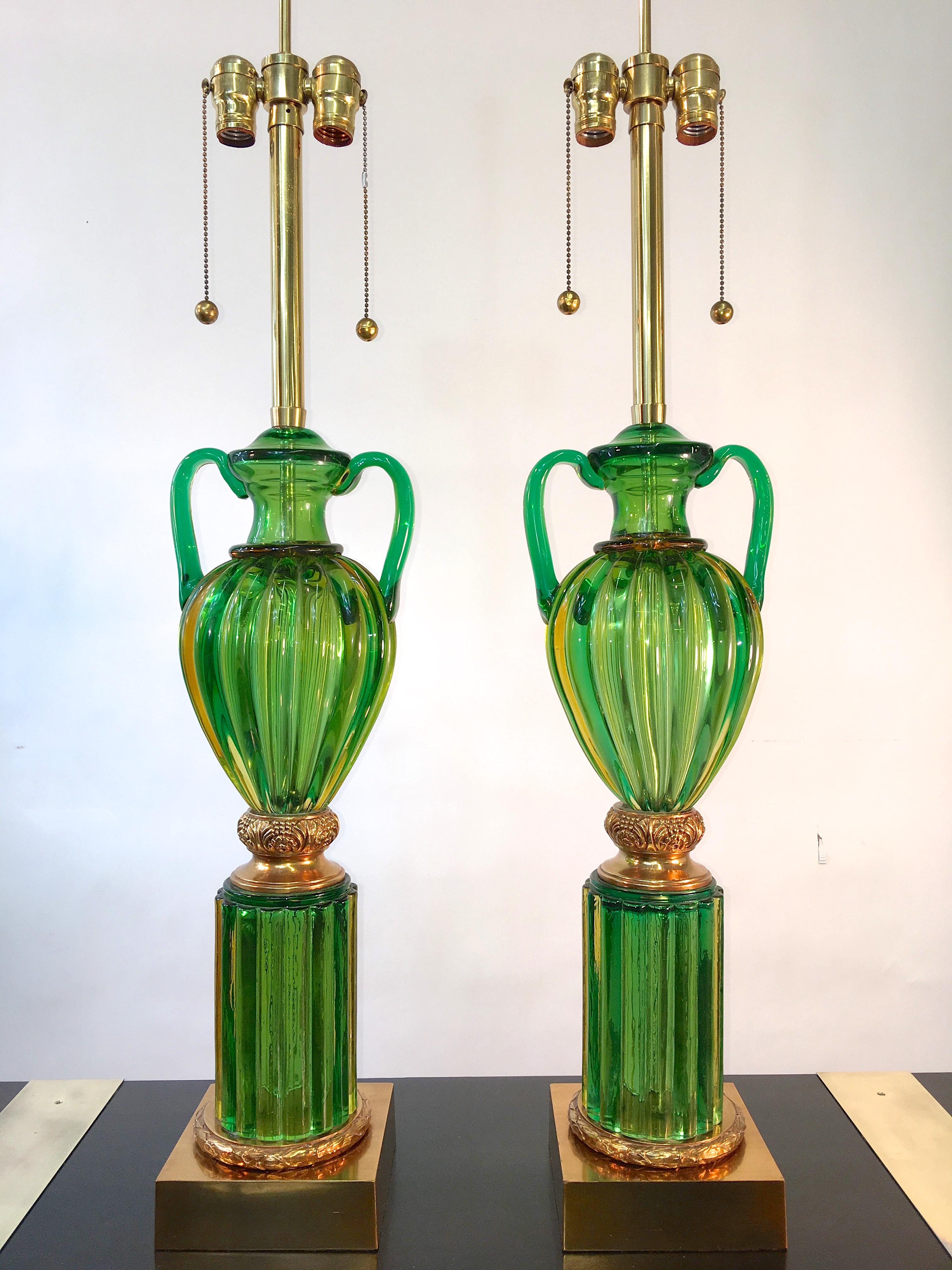 Brass Pair of Seguso Murano Green Glass 