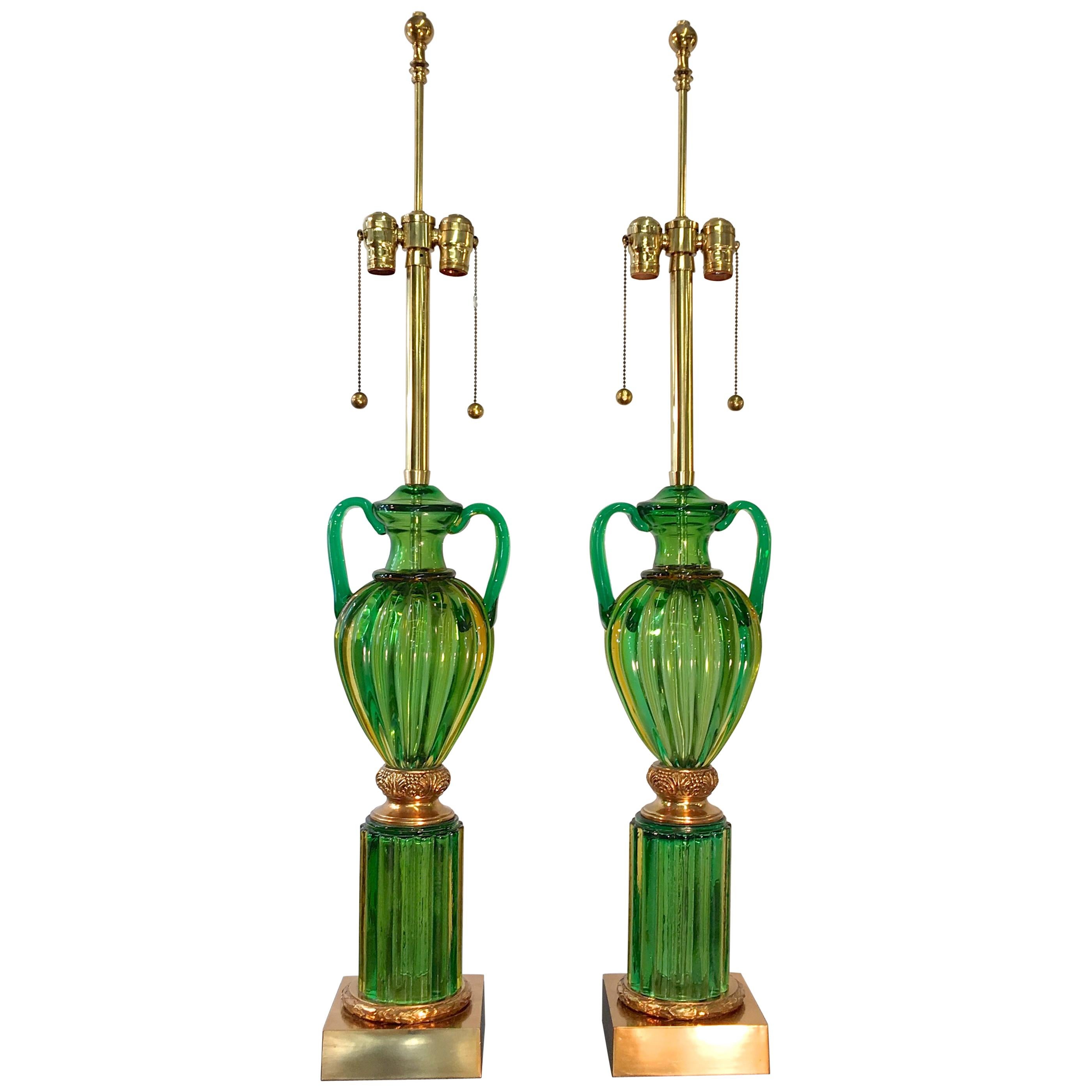 Pair of Seguso Murano Green Glass "Loving Cup" Lamps by Marbro