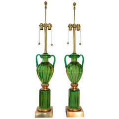 Vintage Pair of Seguso Murano Green Glass "Loving Cup" Lamps by Marbro