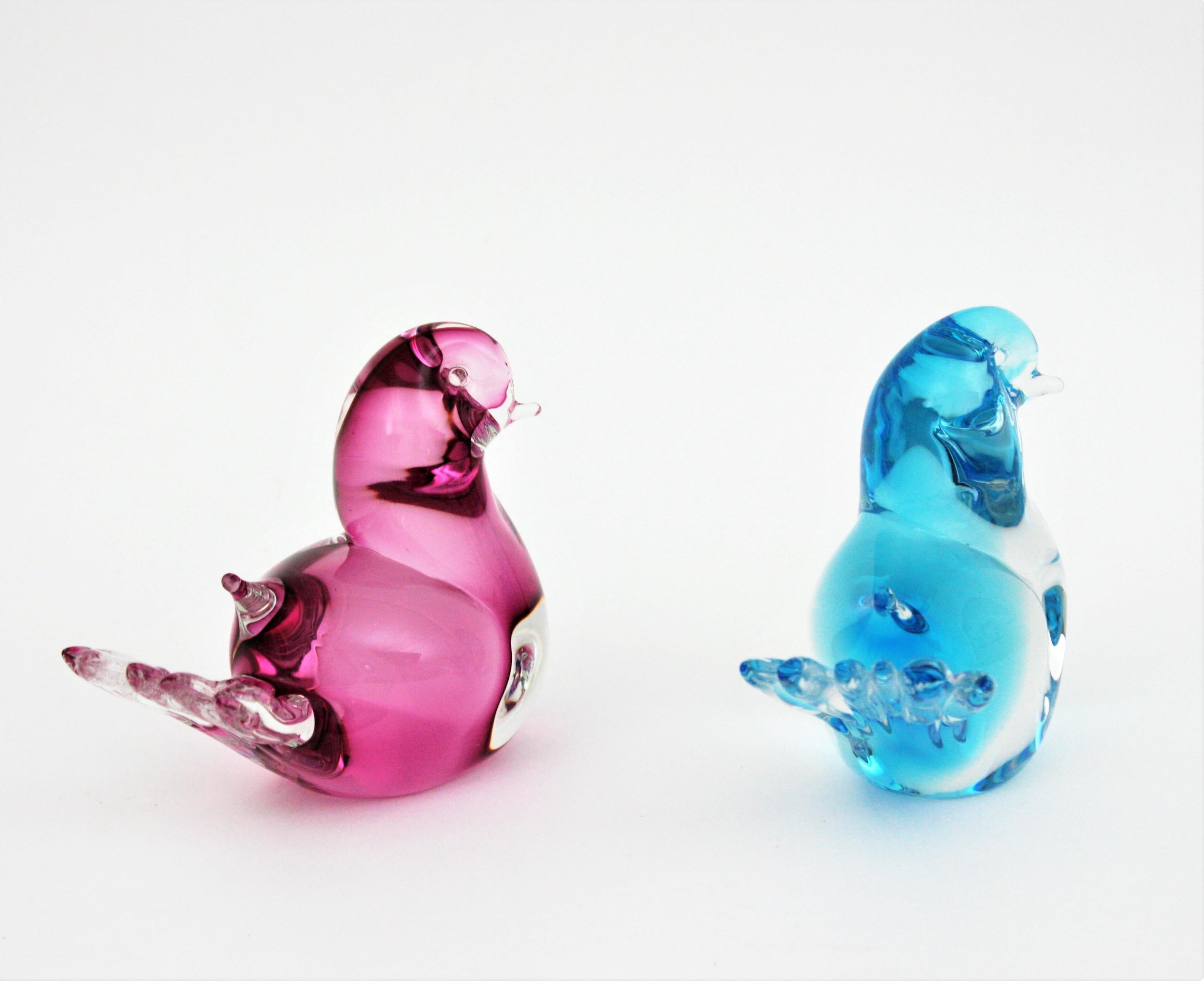 Pair of Seguso Murano Pink Blue Art Glass Bird Figure Paperweights, 1960s For Sale 5