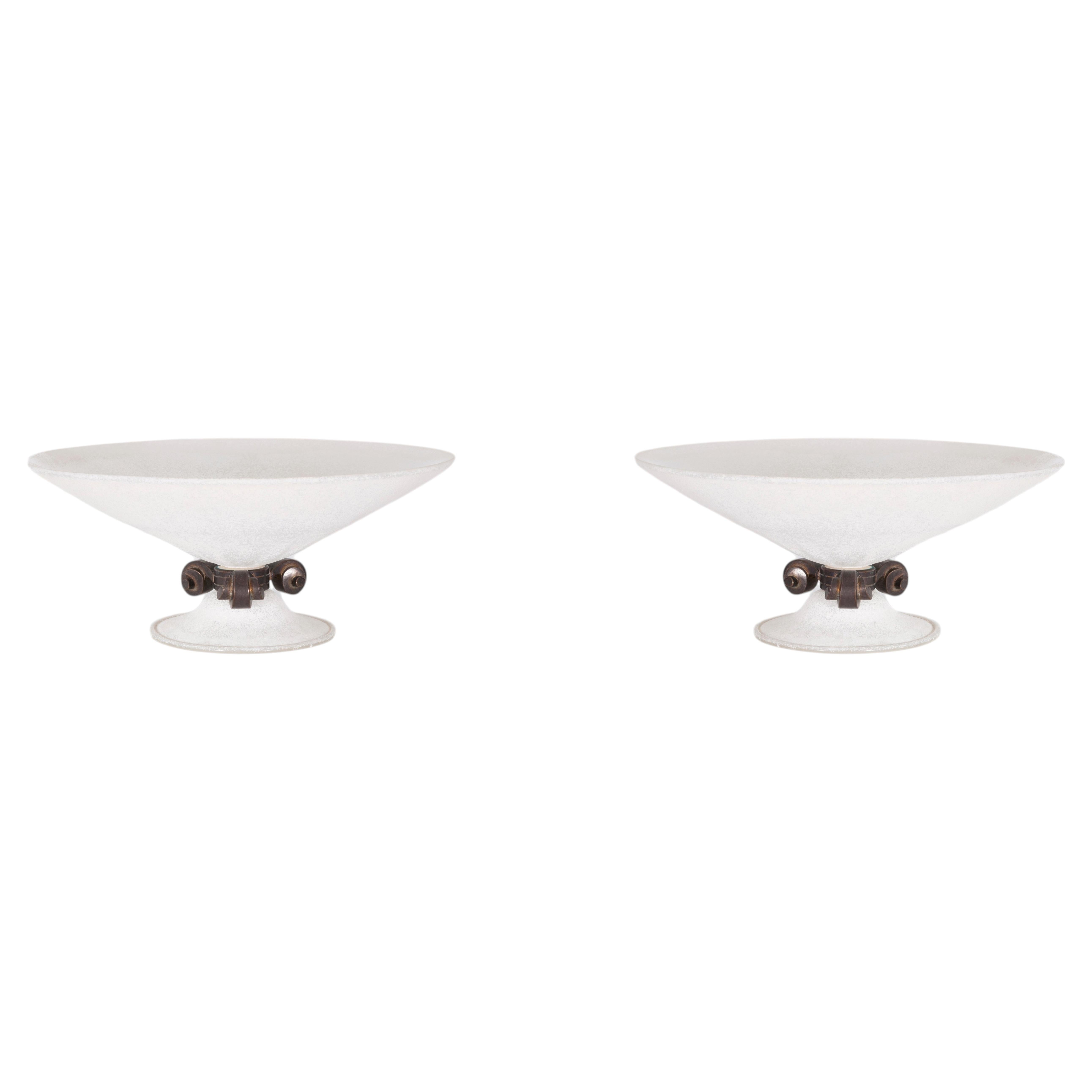 Pair of Seguso Murano Scavo Glass Centerpiece Bowls with Bronze Scrolls, Italy