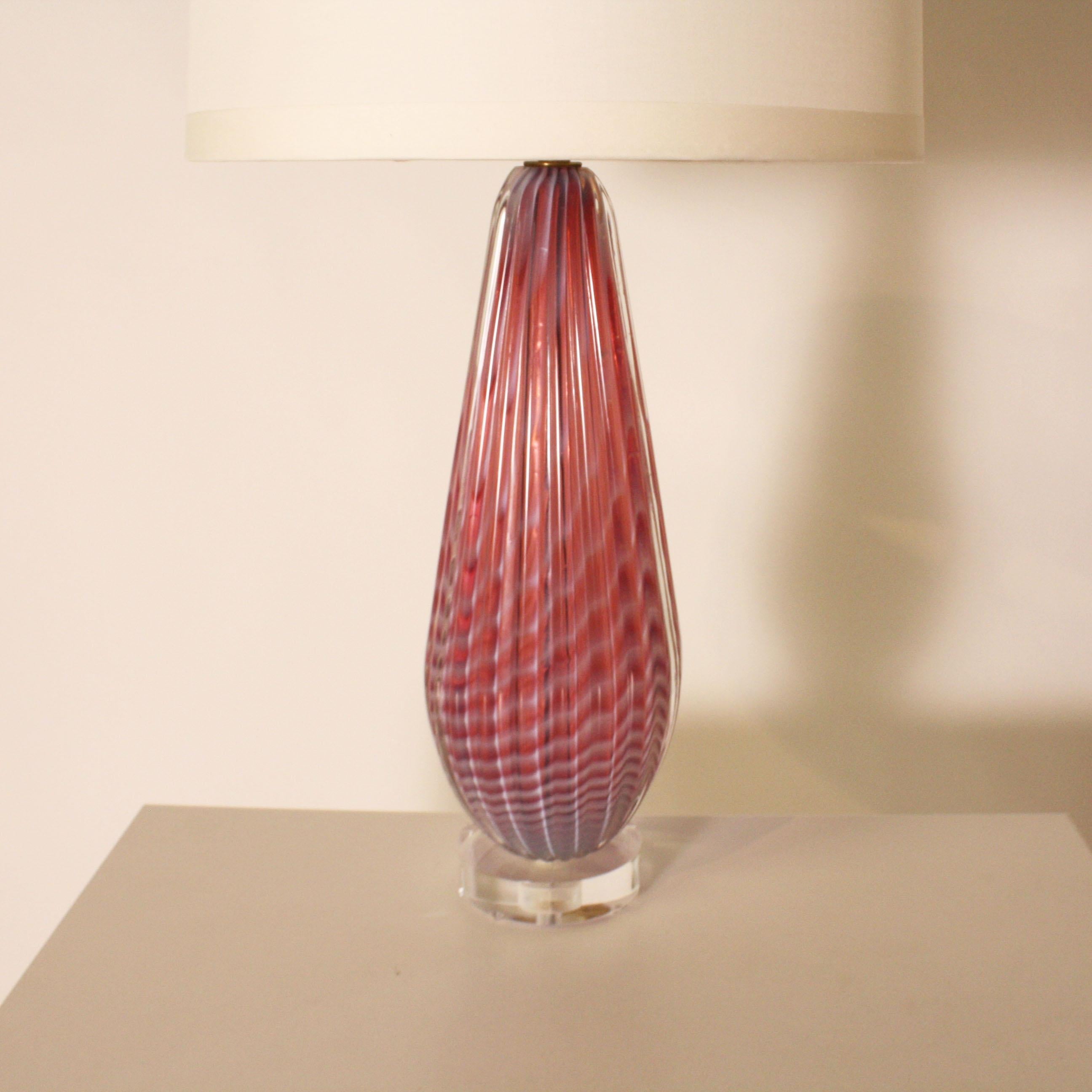 Pair of Seguso pink opalescent Murano lamps, circa 1950.