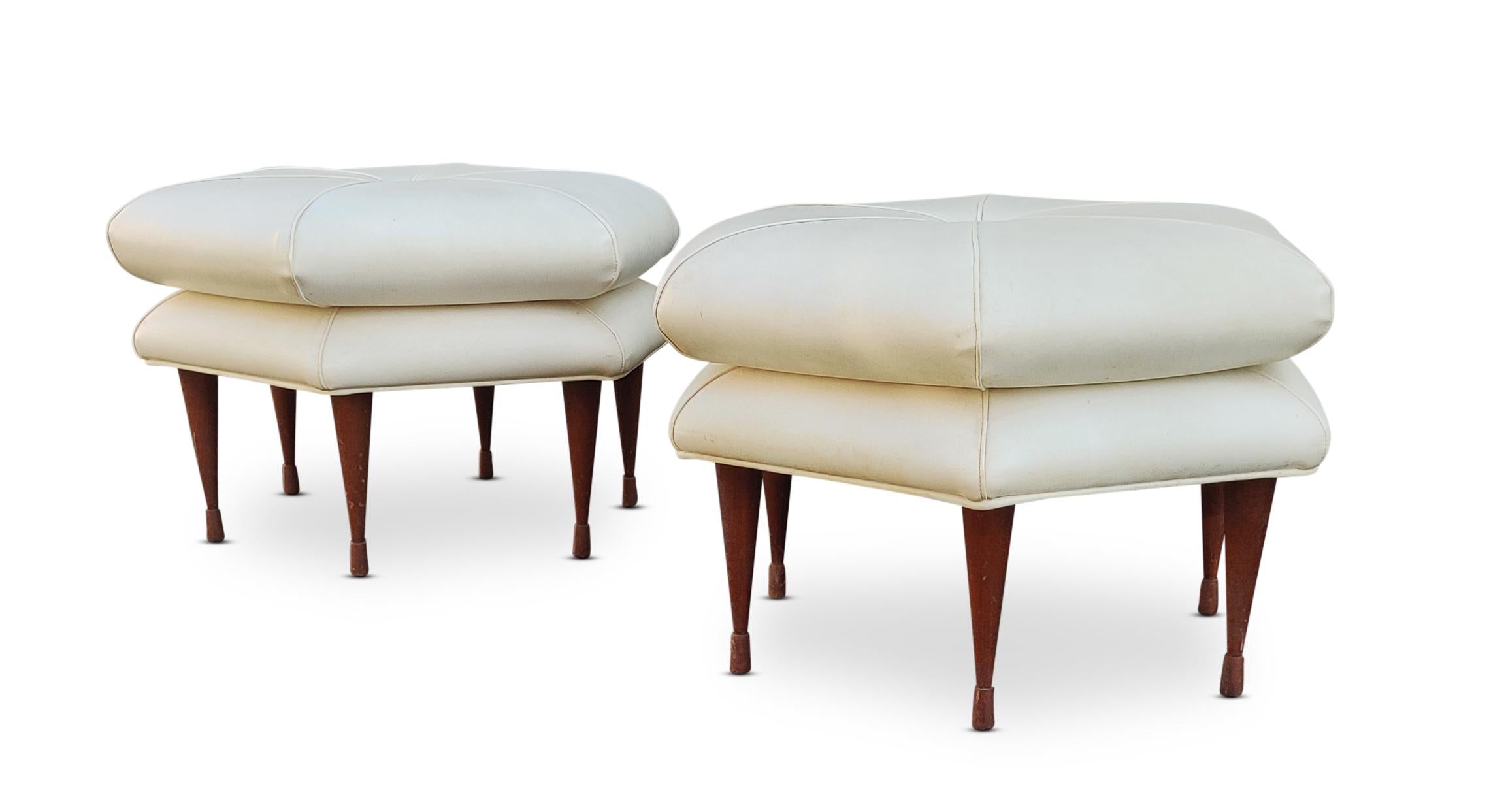 Mid-Century Modern Pair of Selig Hexagon Form Ottoman or Pouffe Original Leatherette on Walnut Legs For Sale