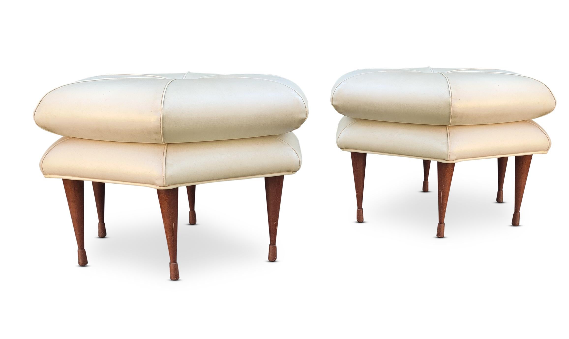 Pair of Selig Hexagon Form Ottoman or Pouffe Original Leatherette on Walnut Legs In Good Condition For Sale In Philadelphia, PA