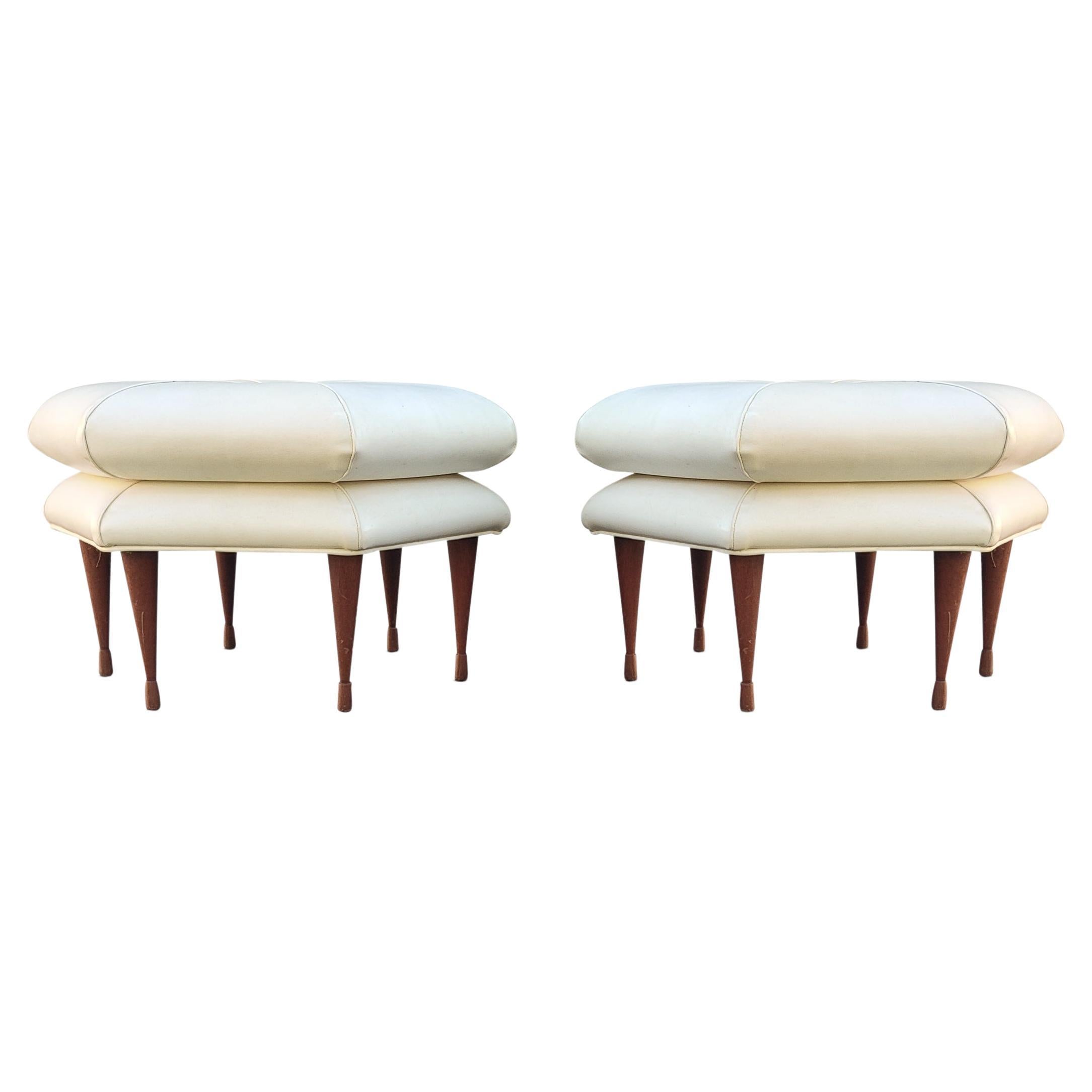 Mid-20th Century Pair of Selig Hexagon Form Ottoman or Pouffe Original Leatherette on Walnut Legs For Sale