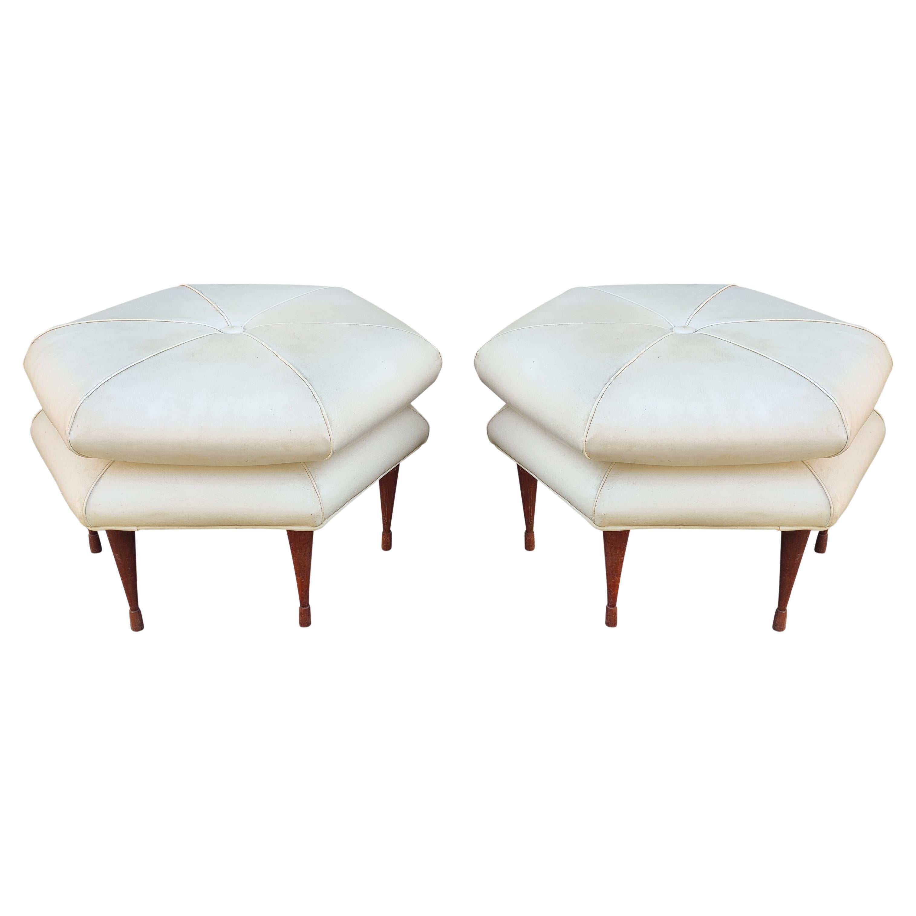 Pair of Selig Hexagon Form Ottoman or Pouffe Original Leatherette on Walnut Legs For Sale