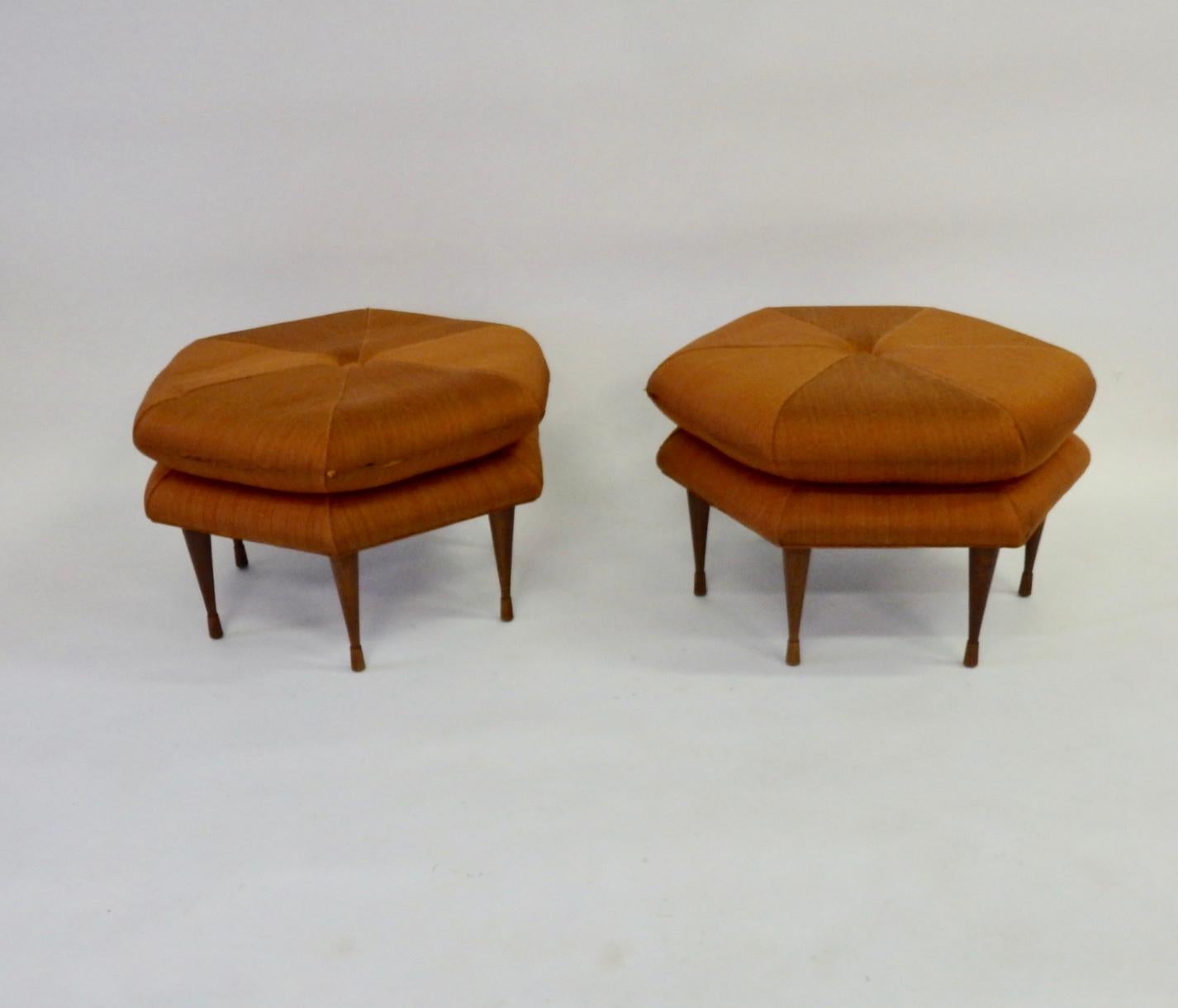 American Pair of Selig hexagon form ottomans or Pouffe  as found originals