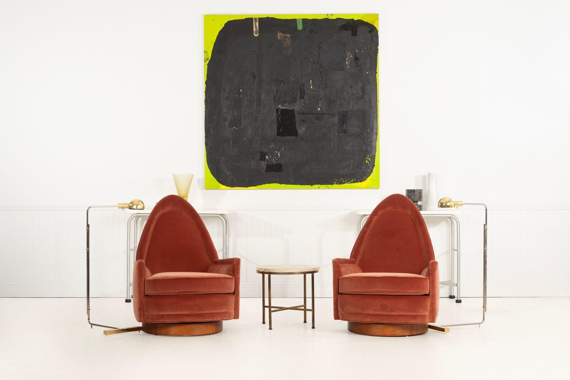 Pair of Selig Swivel Lounge Chairs, 1965
Pair of mid-century swivel lounge chairs by Selig, 1965. Restored and reupholstered in Italian cotton velvet with oiled walnut swivel bases. The sculptural form, generous proportions, and smooth swivel action
