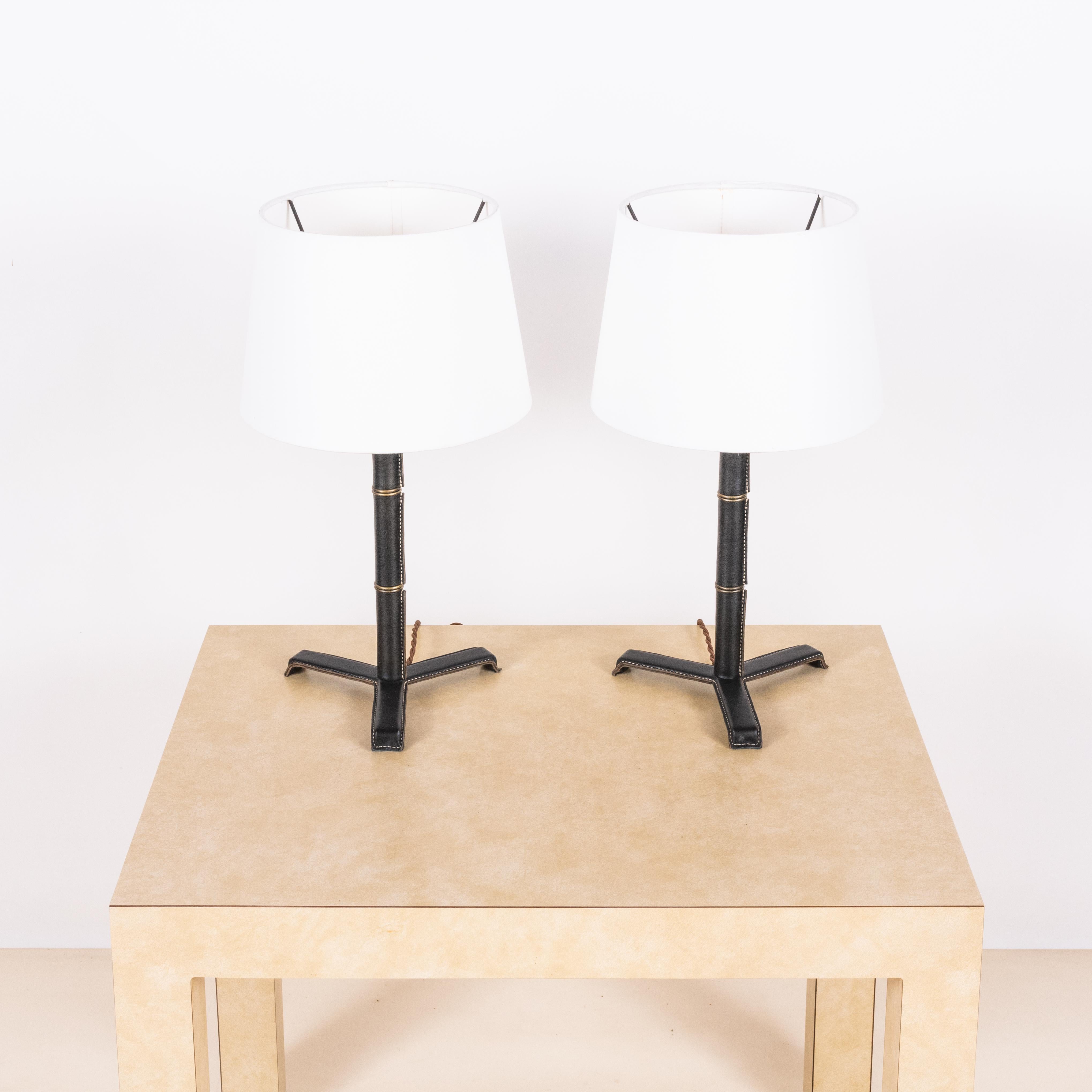 Modern Pair of 'Sellier' Stitched Black Leather Lamps by Design Frères For Sale