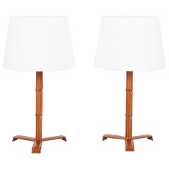Pair of 'Sellier' Stitched Tan Leather Lamps by Design Frères