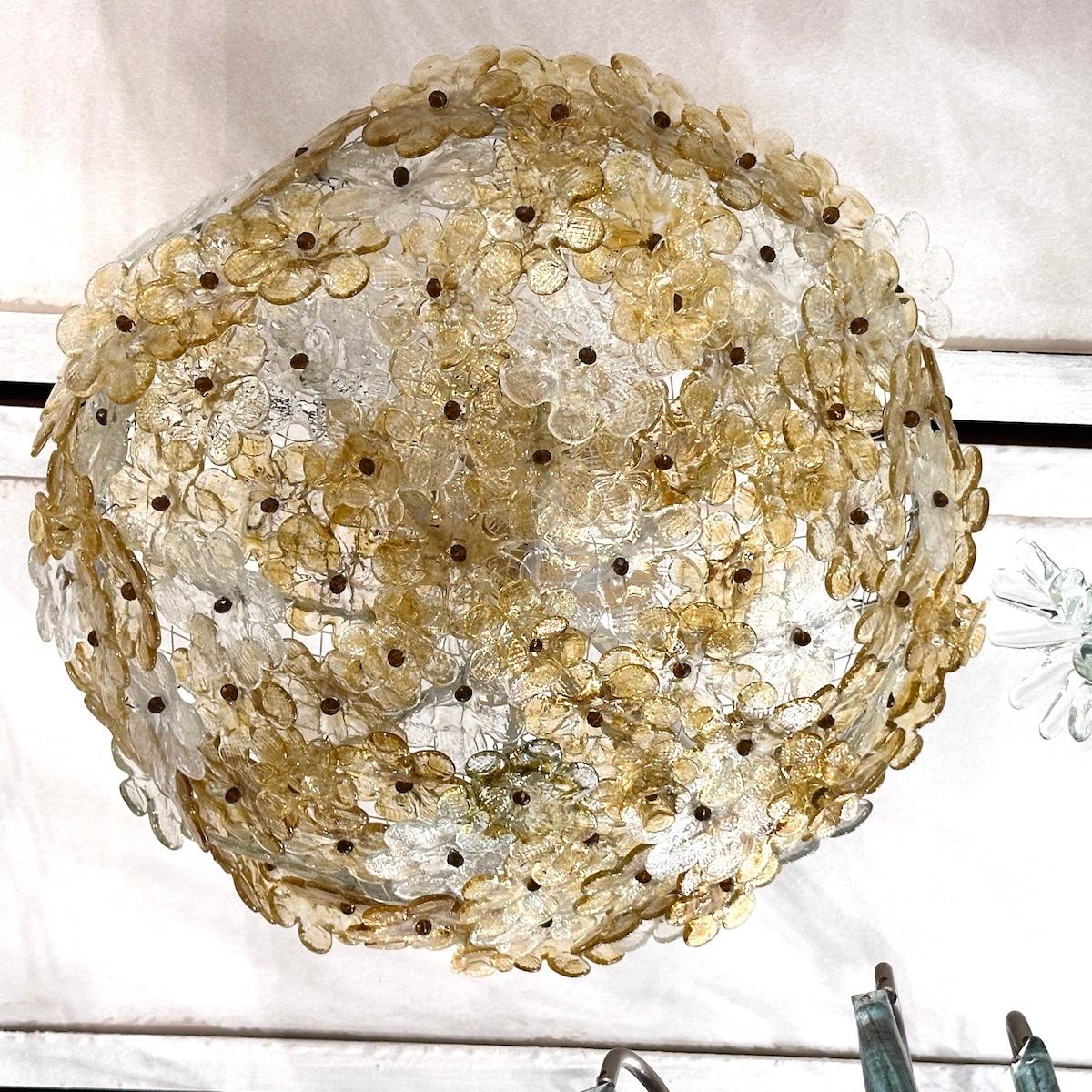 Pair of circa 1950's Italian semi flush light fixtures with glass flowers and 4 interior lights. Sold individually.

Measurements:
Diameter: 16