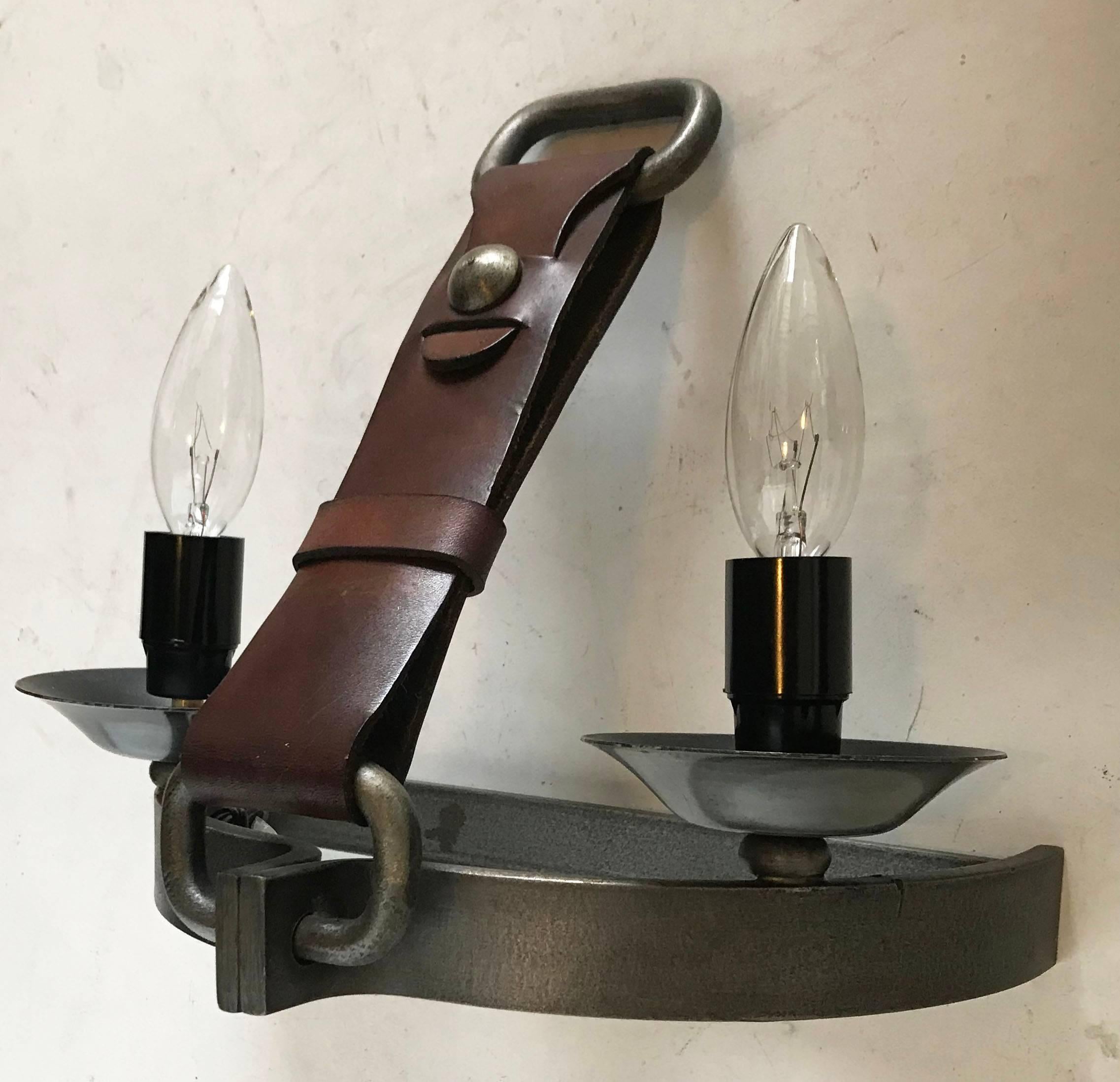 Brutalist Pair of Semi Round  wrought iron and leather Jacques Adnet Style Sconces For Sale