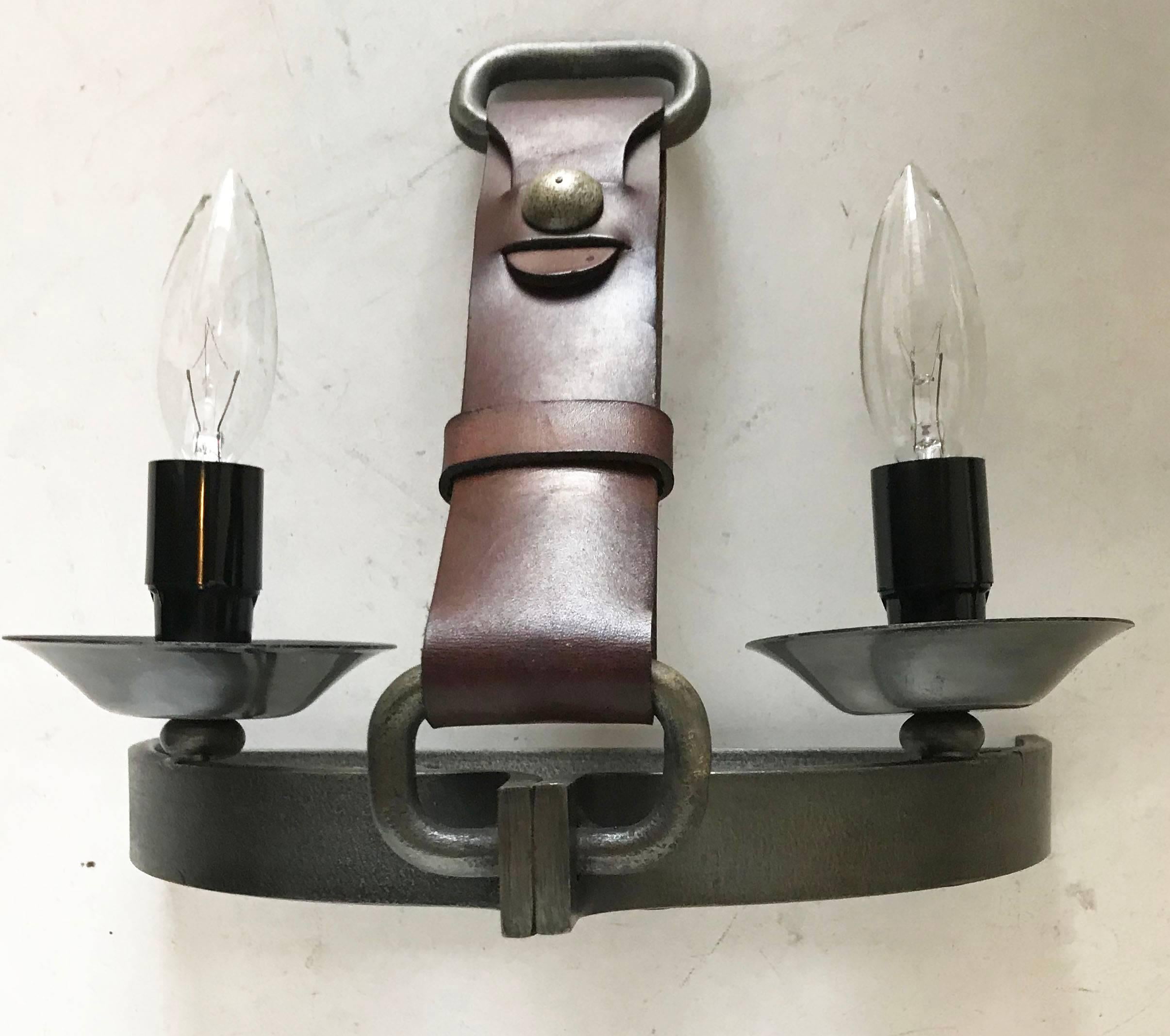 European Pair of Semi Round  wrought iron and leather Jacques Adnet Style Sconces For Sale