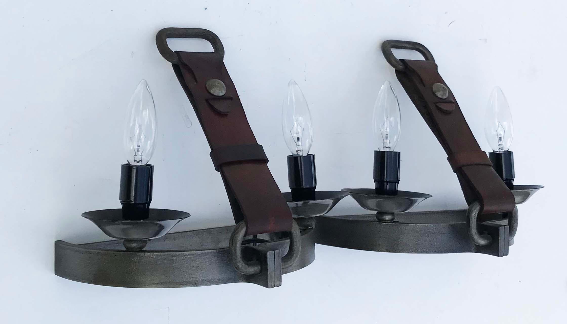 Leather Pair of Semi Round  wrought iron and leather Jacques Adnet Style Sconces For Sale