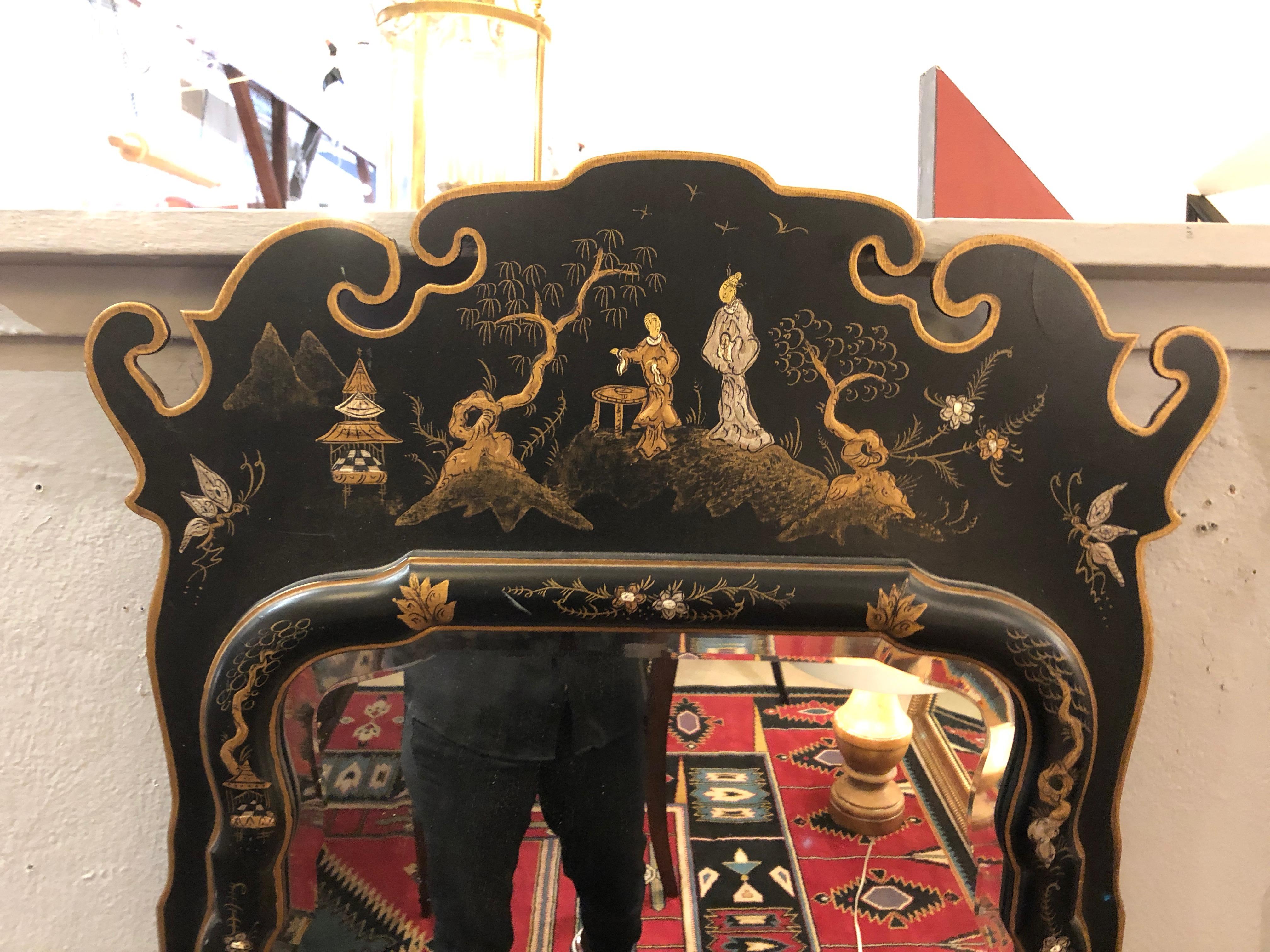 Pair of Sensational Chinoiserie Mirrors in Black and Gold 5