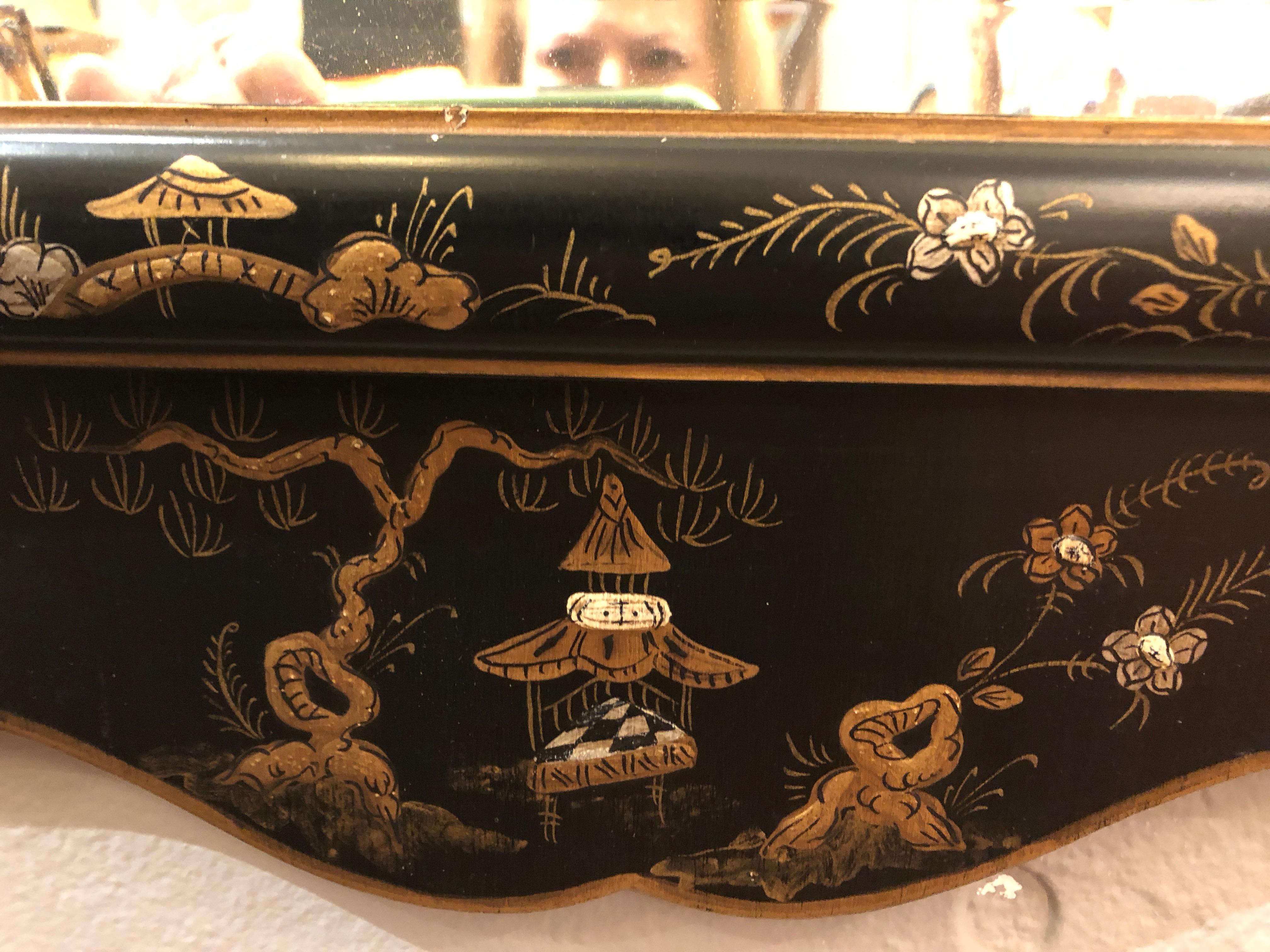 Pair of Sensational Chinoiserie Mirrors in Black and Gold 2