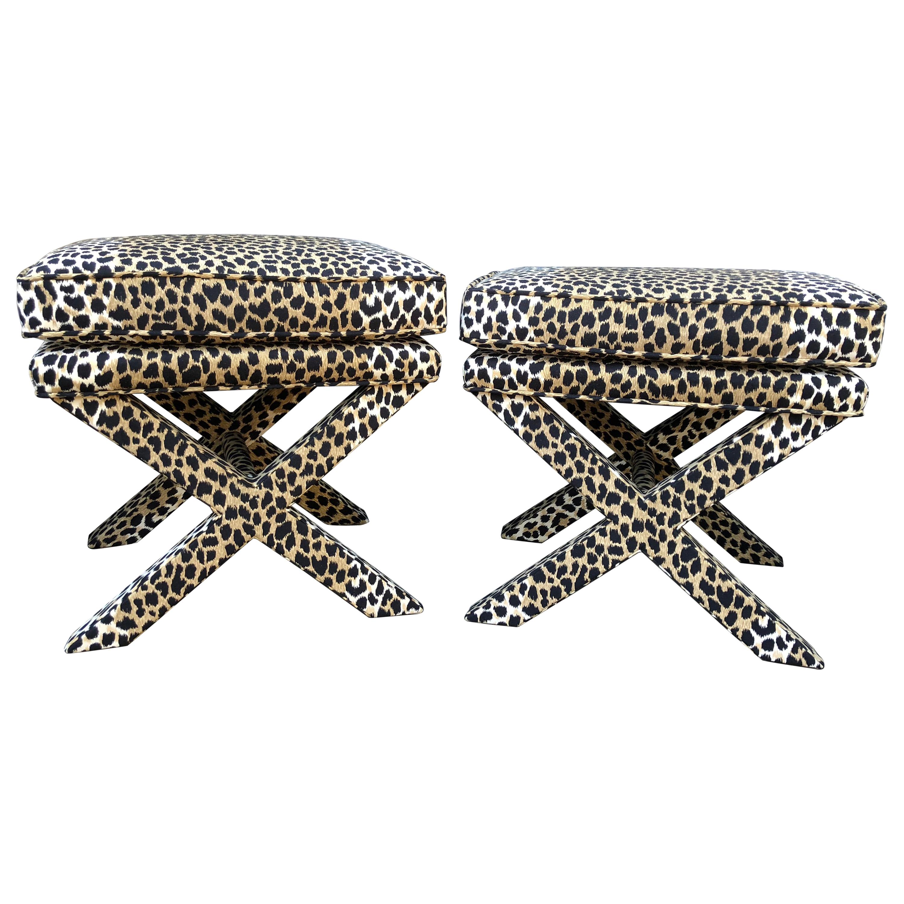 Pair of Sensational MidCentury Modern Faux Leopard X Style Benches