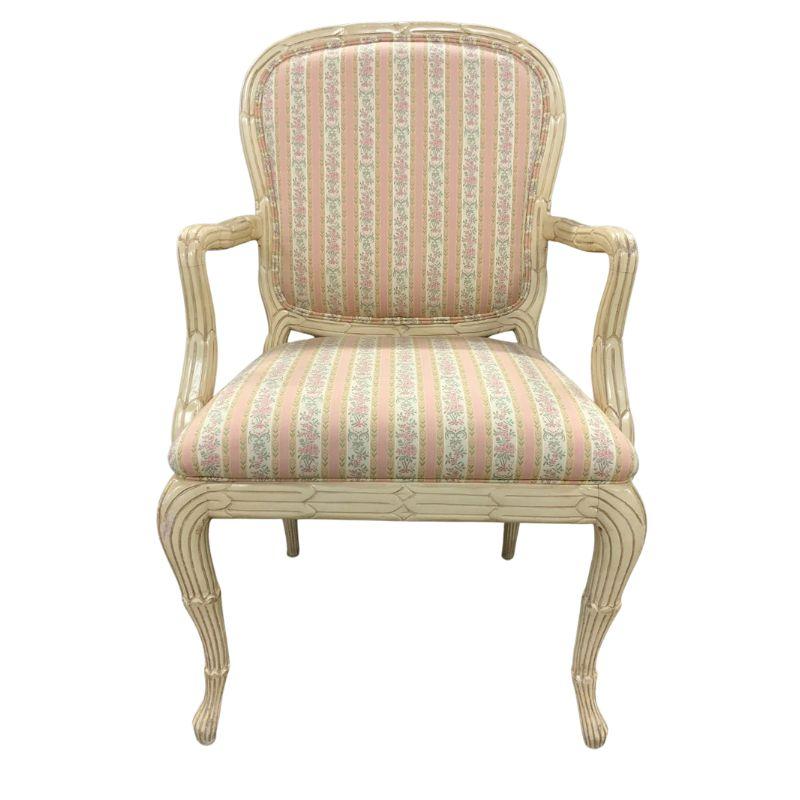 Hand-Carved Pair of Serge Roche Style Arm Chairs With Pink Striped Fabric For Sale