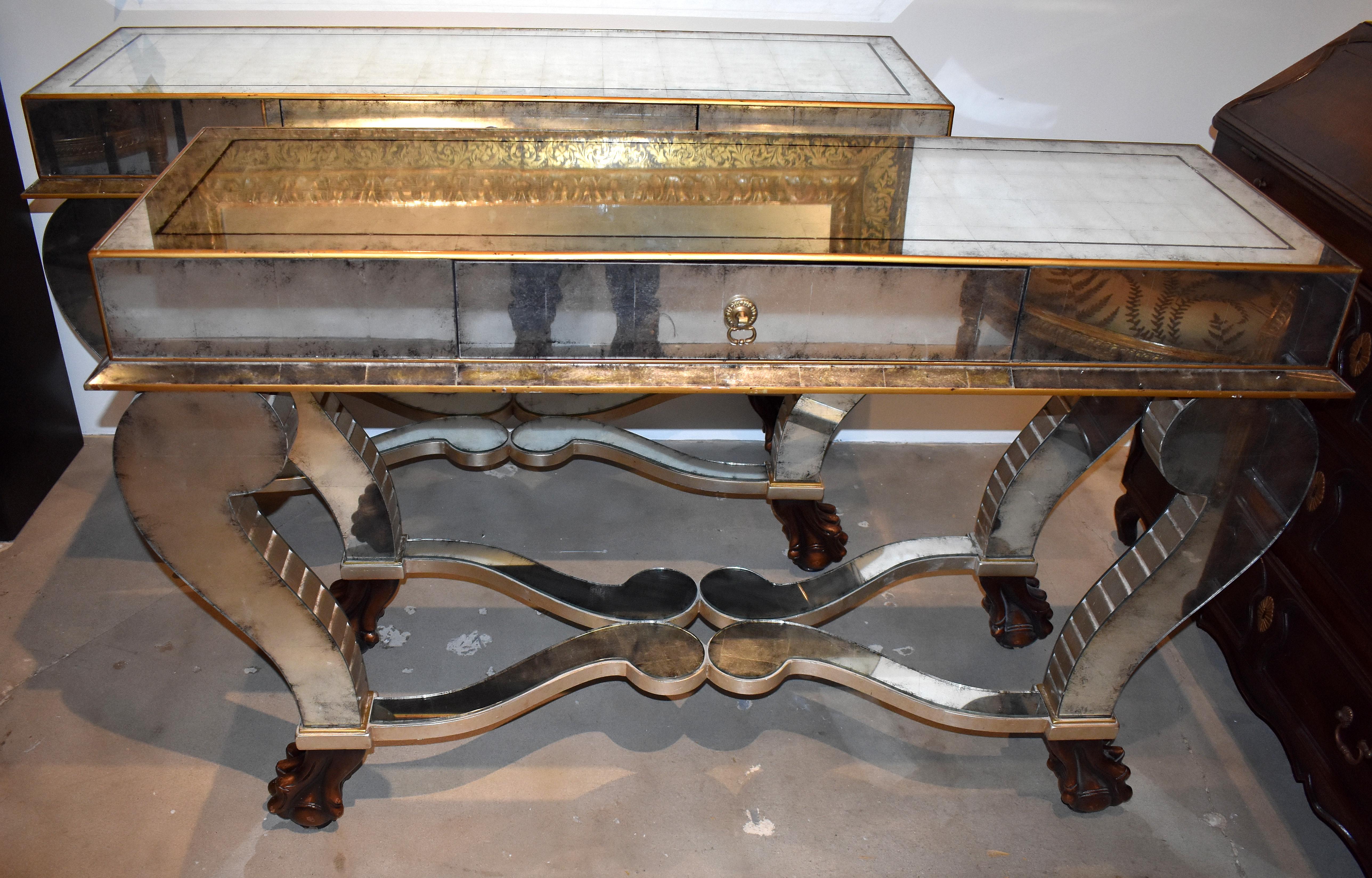 Pair of Serge Roche Style Mirrored Console Tables For Sale 4