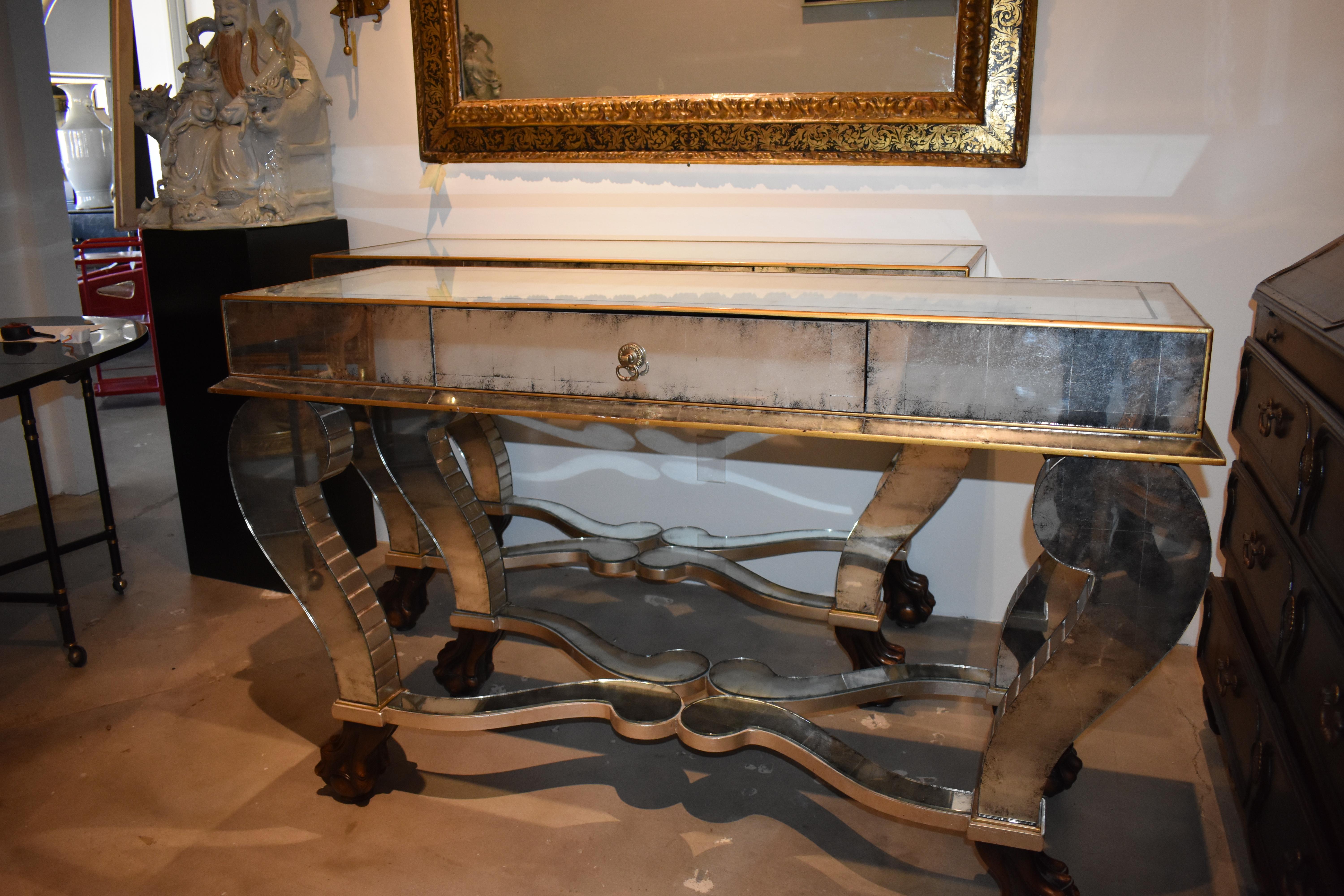 Pair of Serge Roche Style Mirrored Console Tables For Sale 7