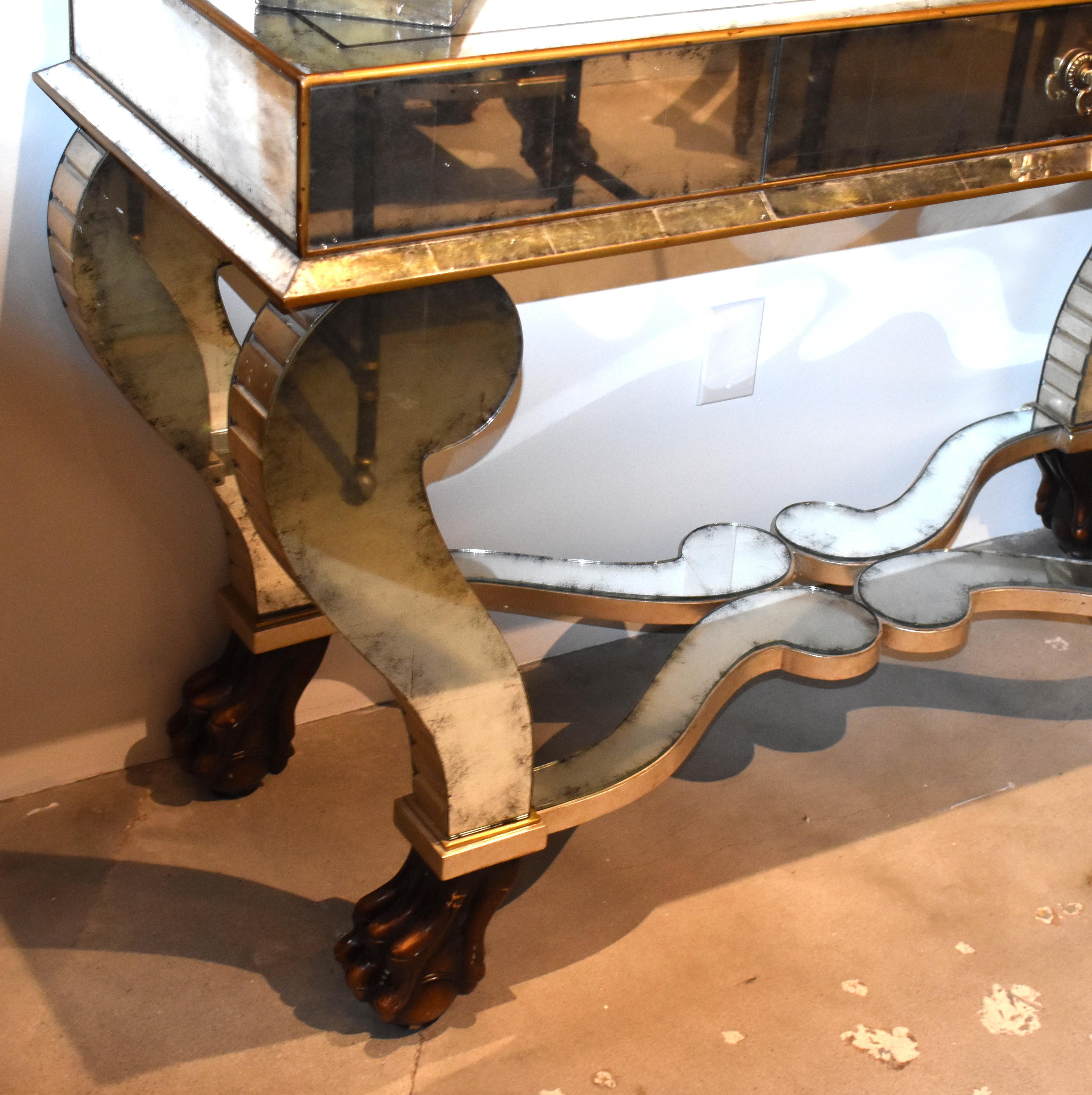 Mid-Century Modern Pair of Serge Roche Style Mirrored Console Tables For Sale
