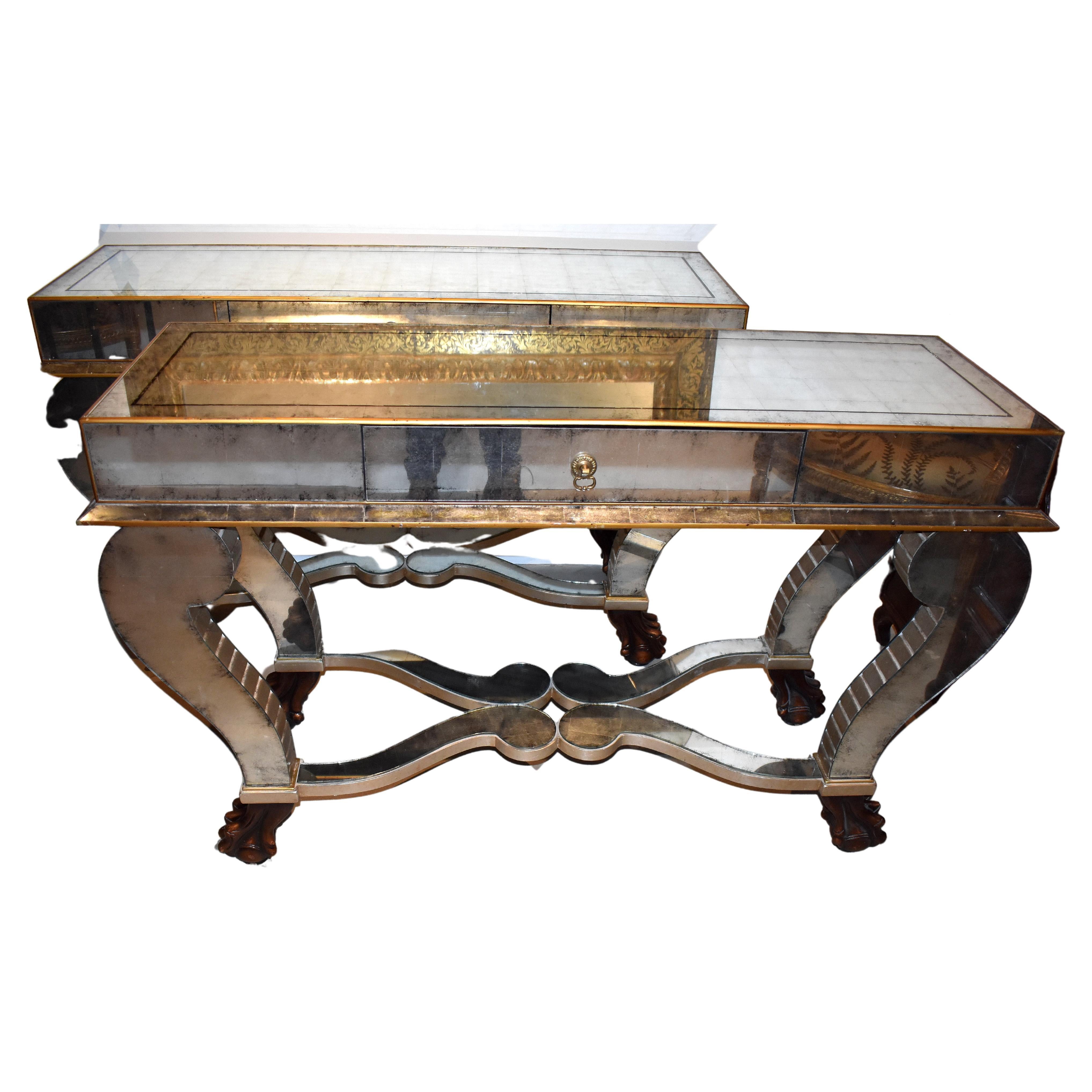 Pair of Serge Roche Style Mirrored Console Tables