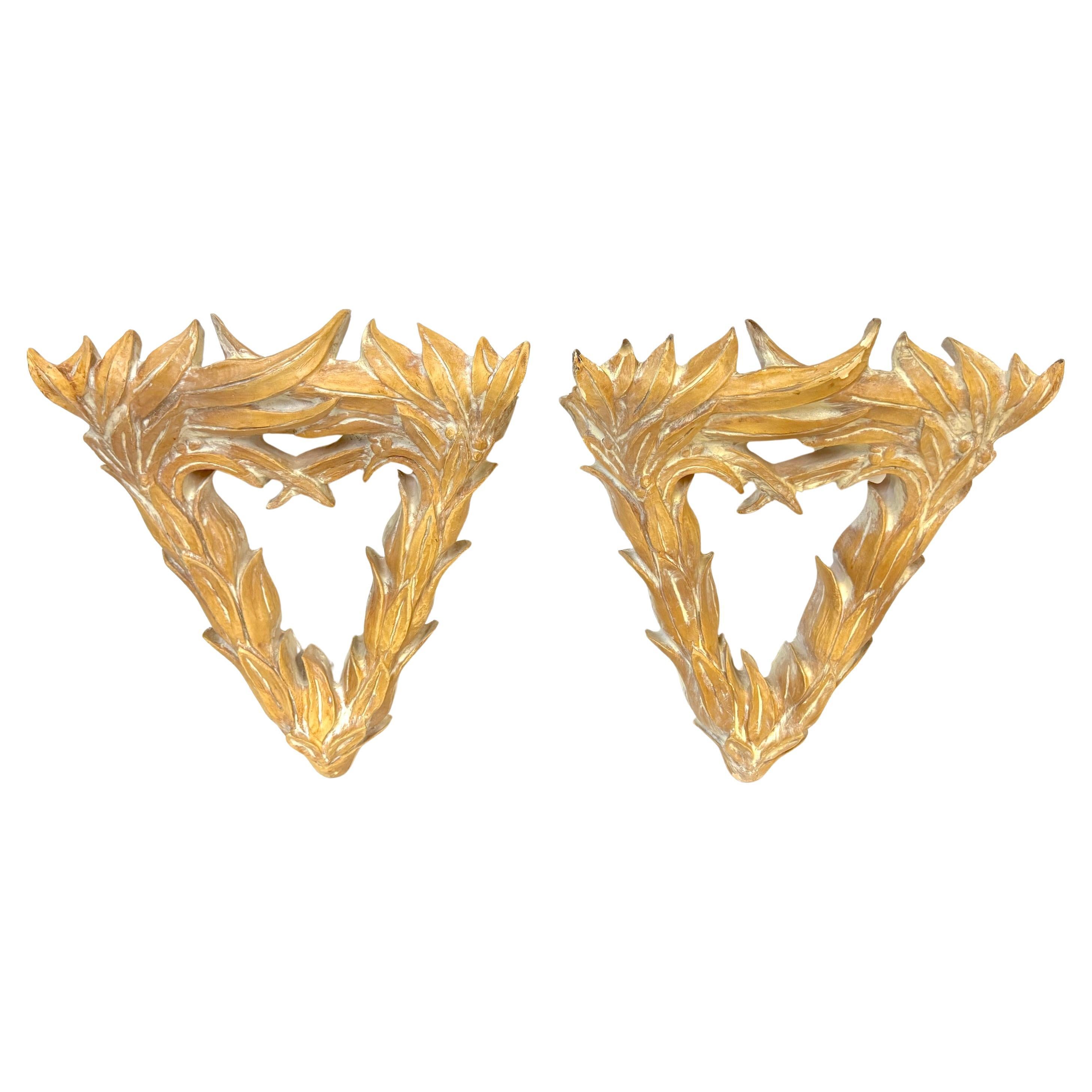 Pair of Serge Roche–Style Palmette Wall Brackets / Shelves For Sale