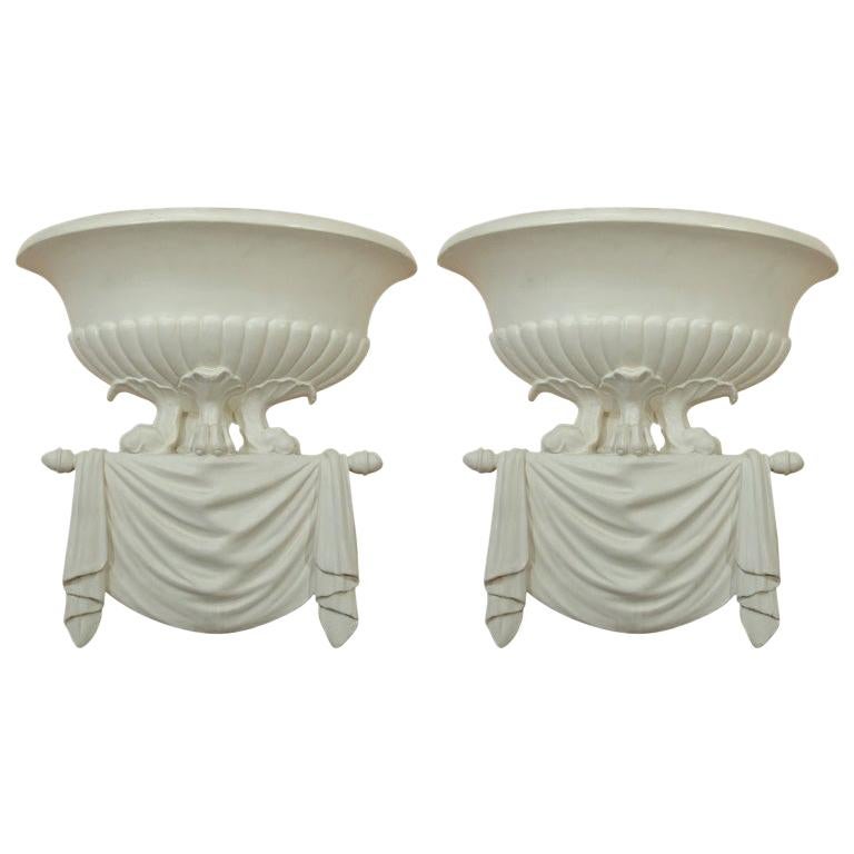 Pair of Serge Roche Style White Hand Carved Plaster Sconces