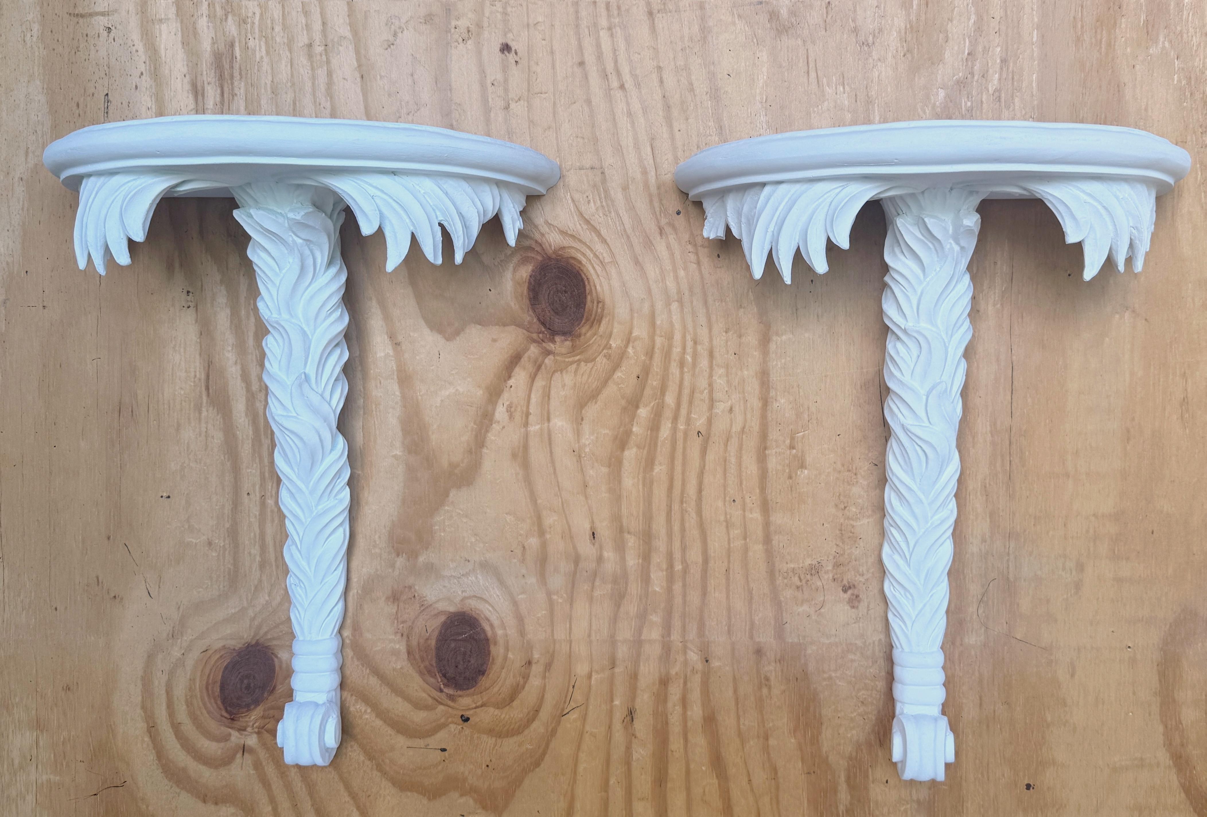 Modern Pair of Serge Roche style White Lacquered Wood Palmette Wall Brackets/ Shelves For Sale