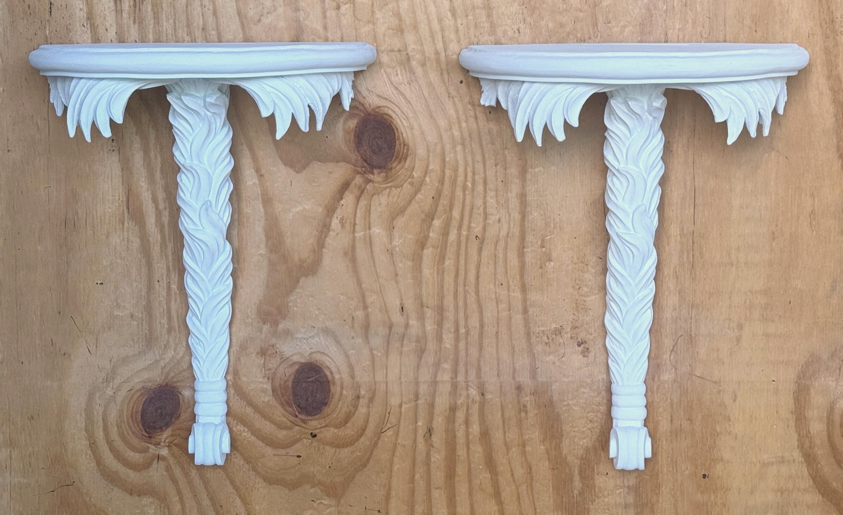 French Pair of Serge Roche style White Lacquered Wood Palmette Wall Brackets/ Shelves For Sale