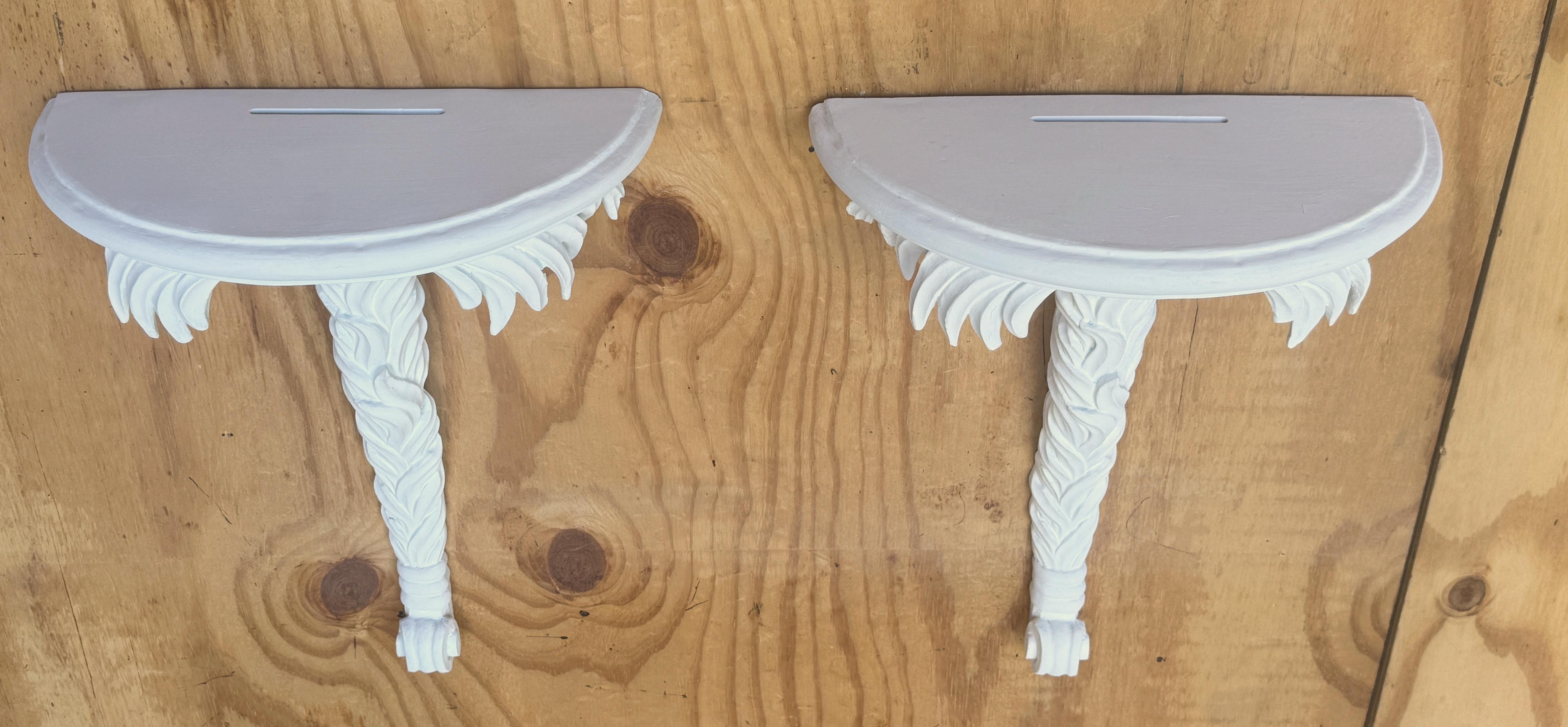 Carved Pair of Serge Roche style White Lacquered Wood Palmette Wall Brackets/ Shelves For Sale