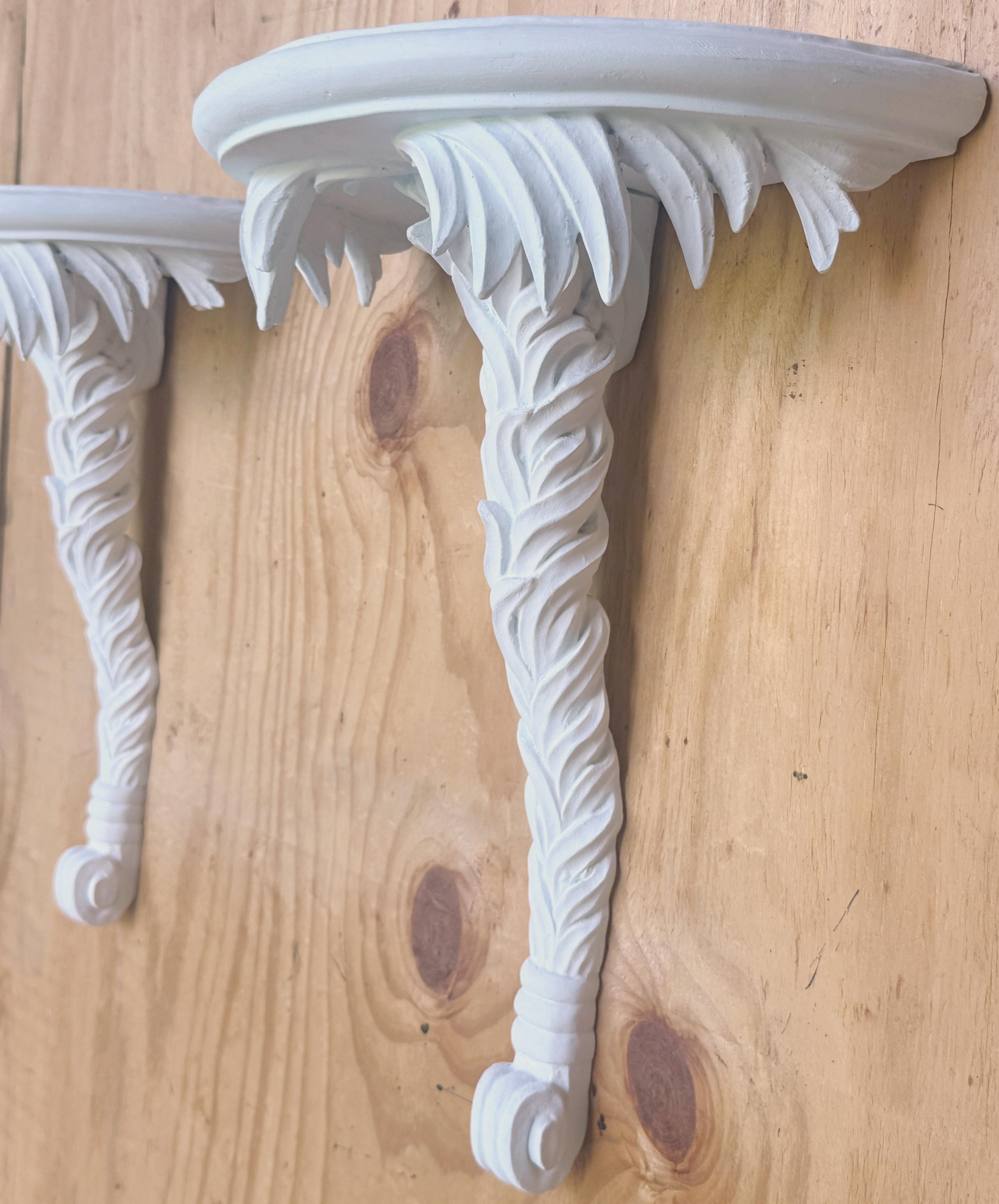 Pair of Serge Roche style White Lacquered Wood Palmette Wall Brackets/ Shelves For Sale 2