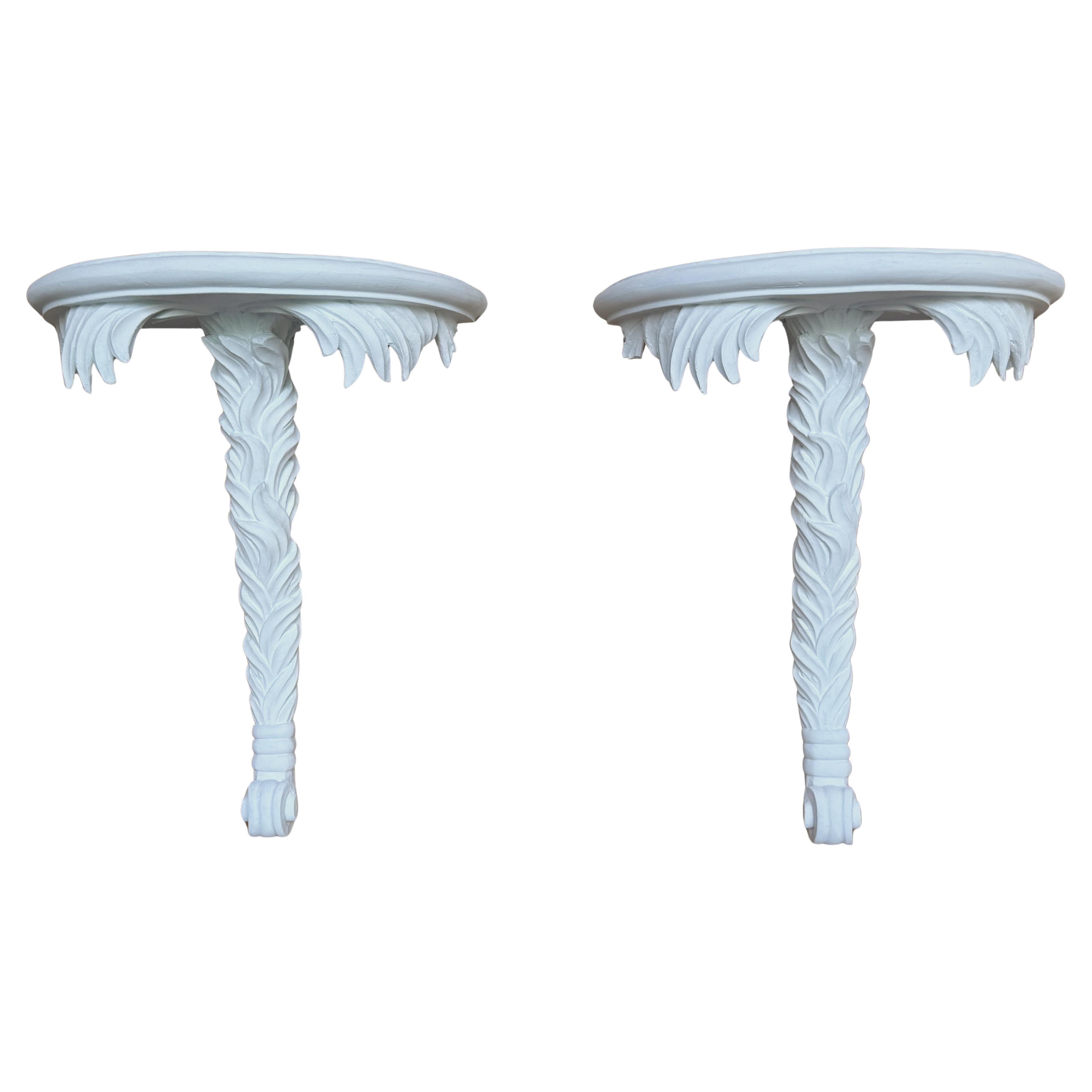 Pair of Serge Roche style White Lacquered Wood Palmette Wall Brackets/ Shelves