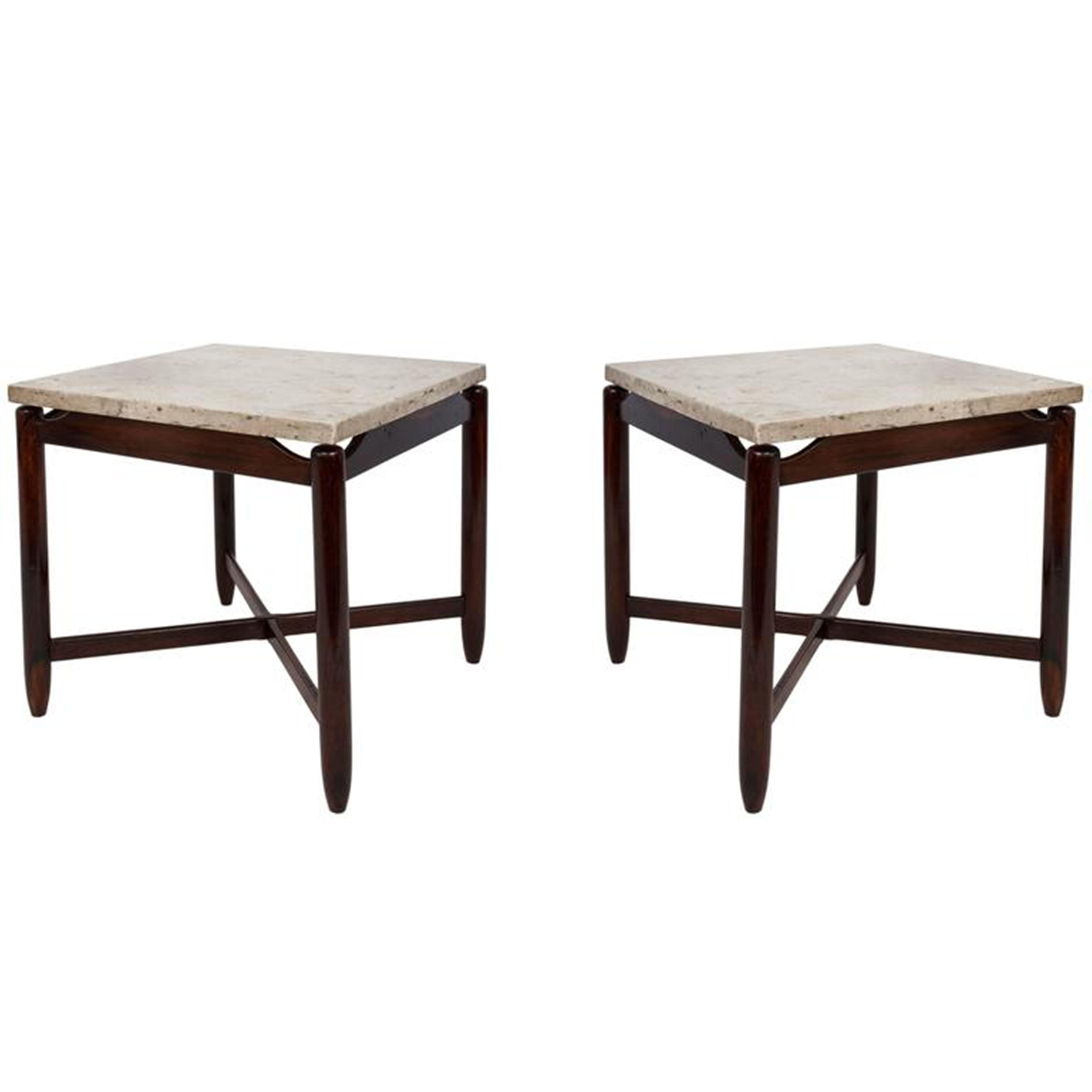 Brazilian Pair of Sergio Rodrigues Marble and Jacarandá Side Tables