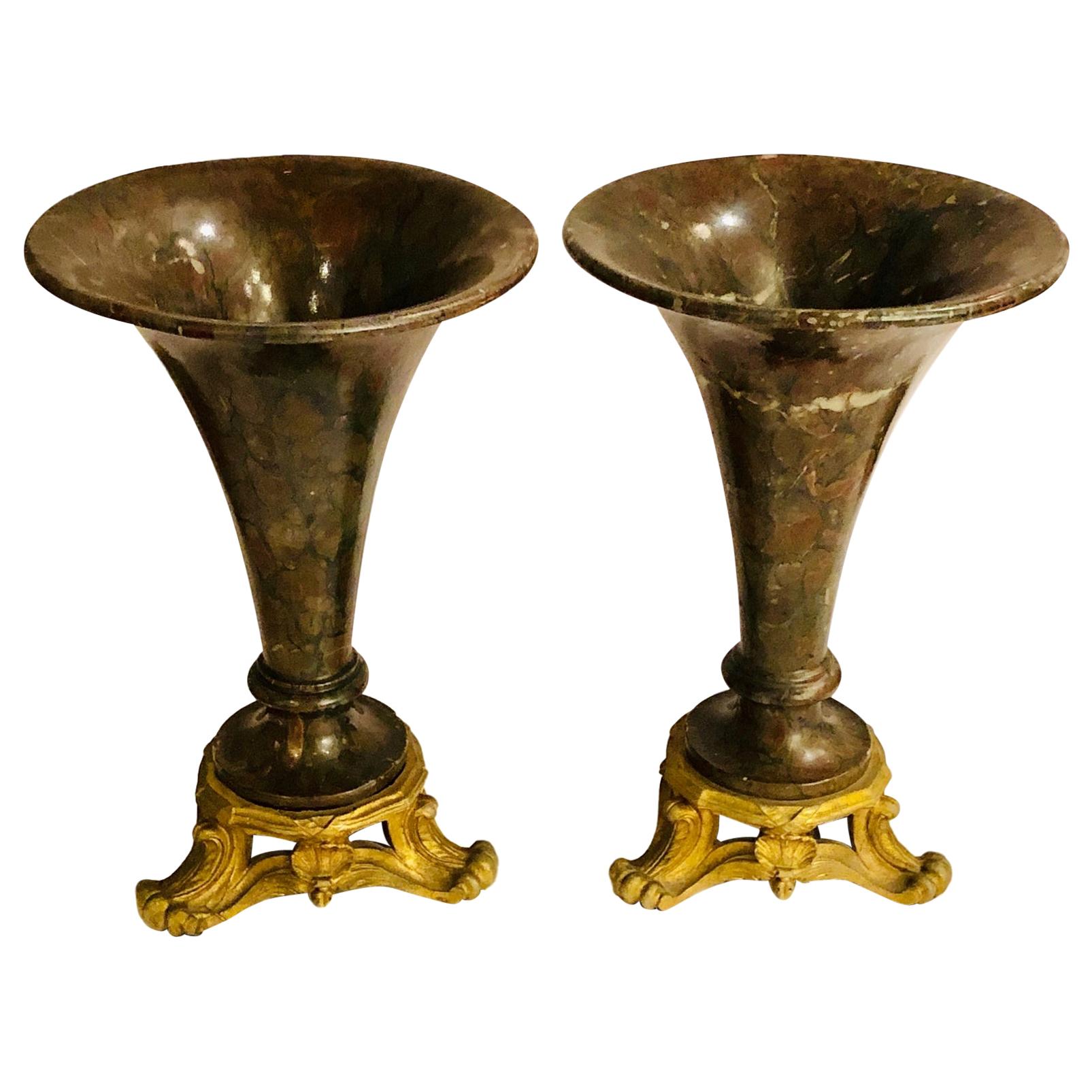 Pair of Serpentine Stone Garniture Vases For Sale