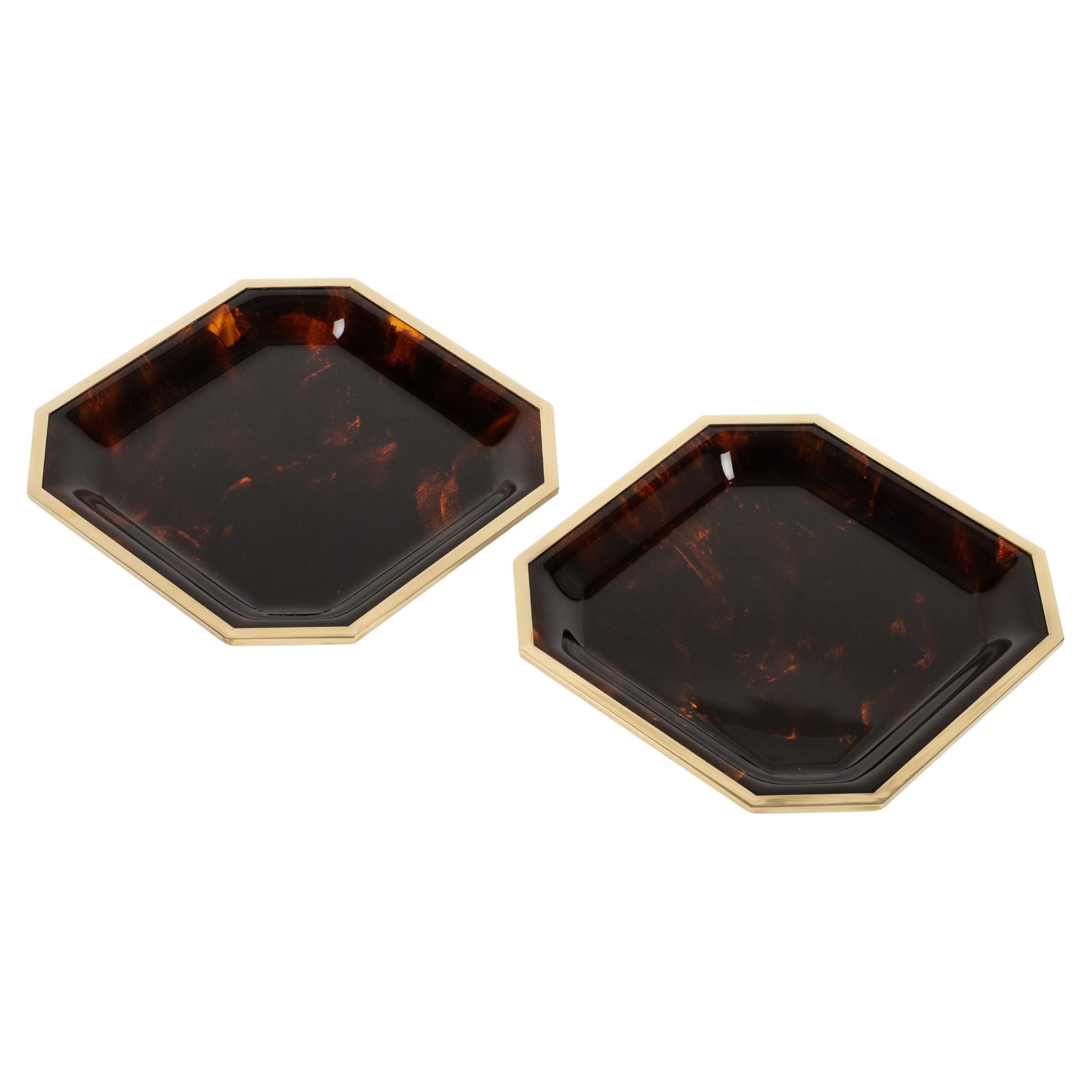 Pair of Serving Tray Tortoiseshell Lucite and Brass Dior Home Style, Italy 1970s