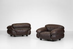 Pair of Sesann Armchairs by Gianfranco Fratinni in Leather for Cassina Italian