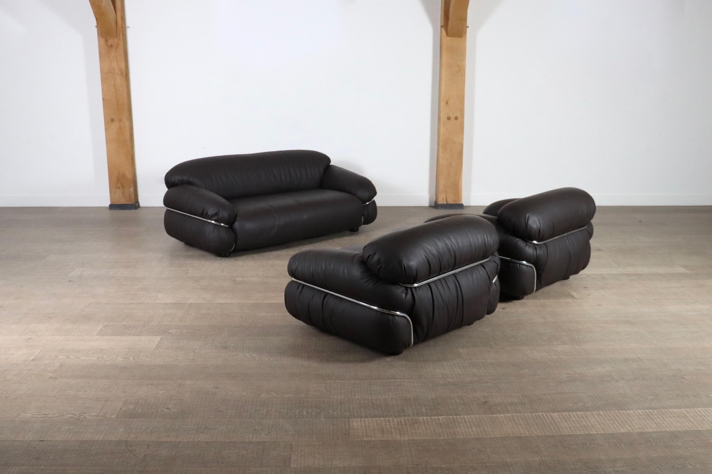 Paar Sesann Lounge Chairs Gianfranco Frattini In braunem Leder, Cassina 1969 im Angebot 6