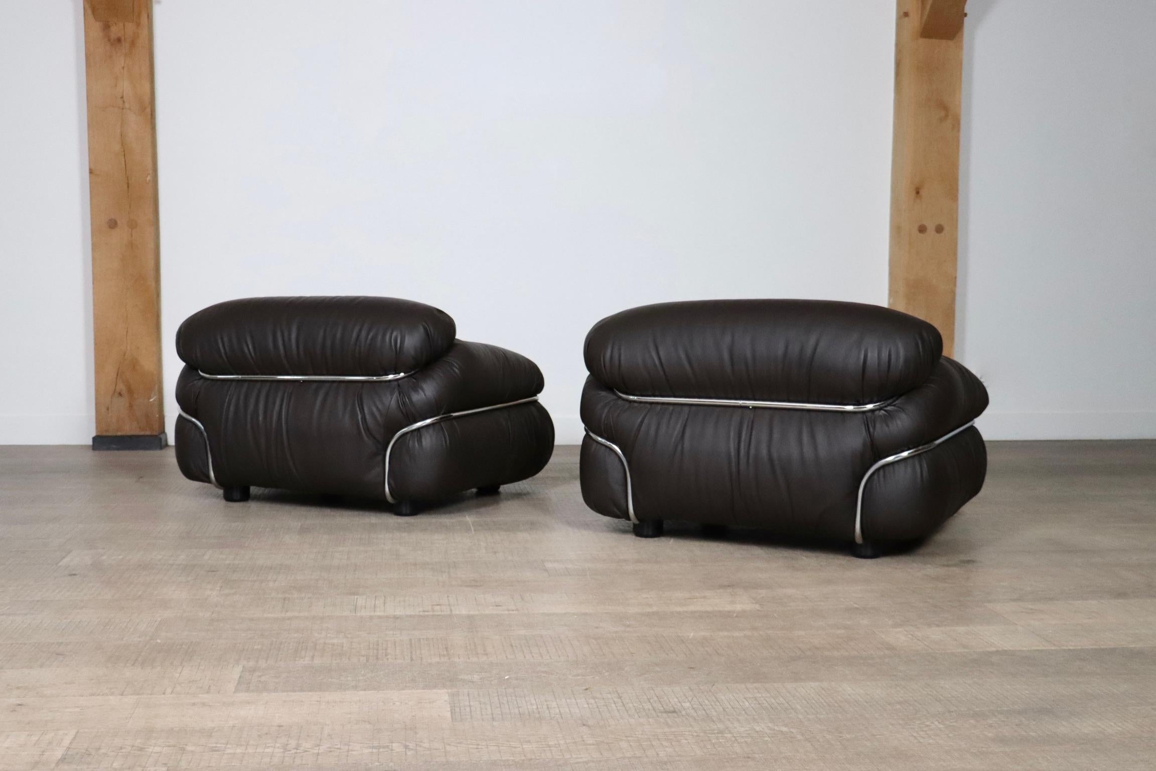 Paar Sesann Lounge Chairs Gianfranco Frattini In braunem Leder, Cassina 1969 im Angebot 3
