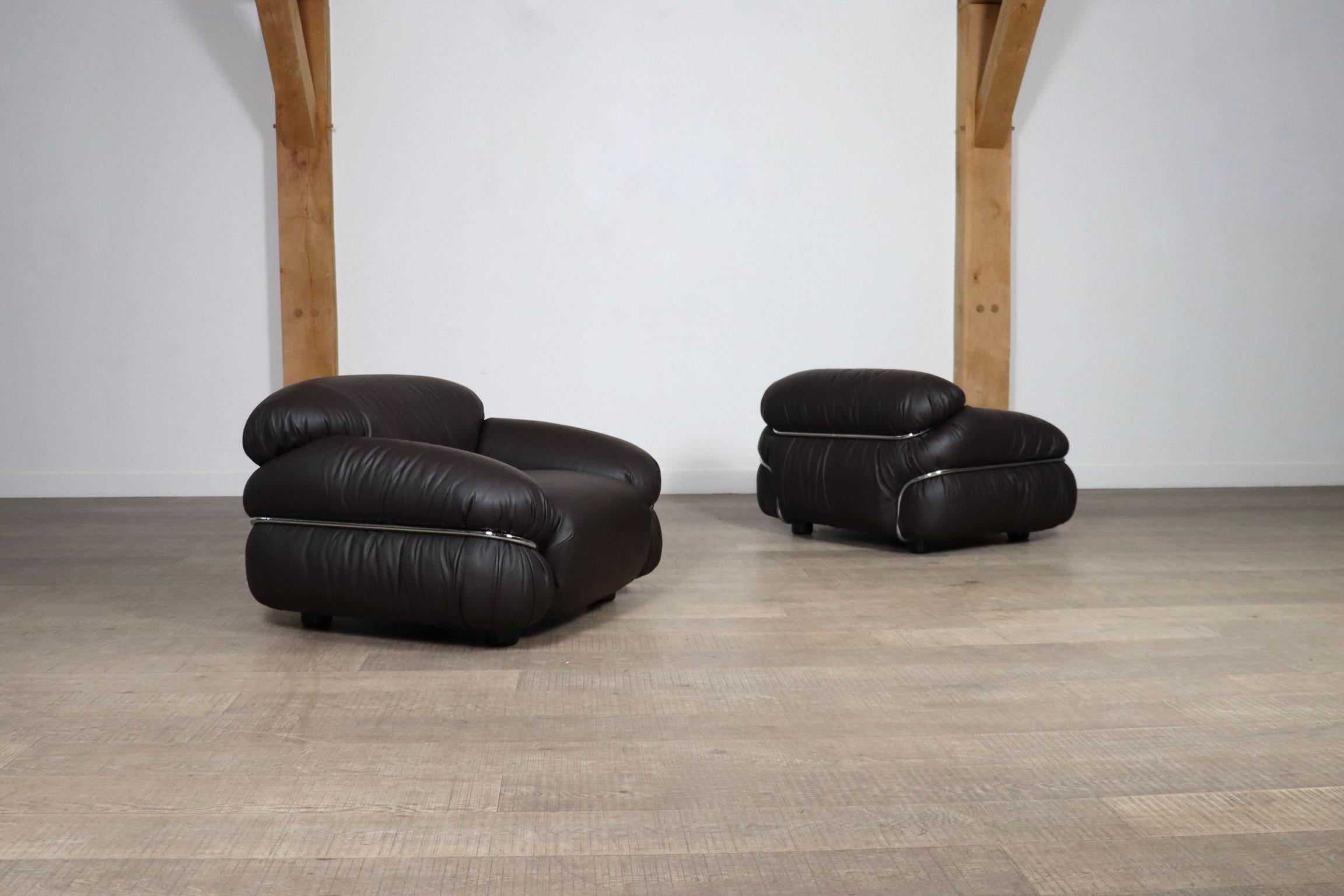 Paar Sesann Lounge Chairs Gianfranco Frattini In braunem Leder, Cassina 1969 im Angebot 4