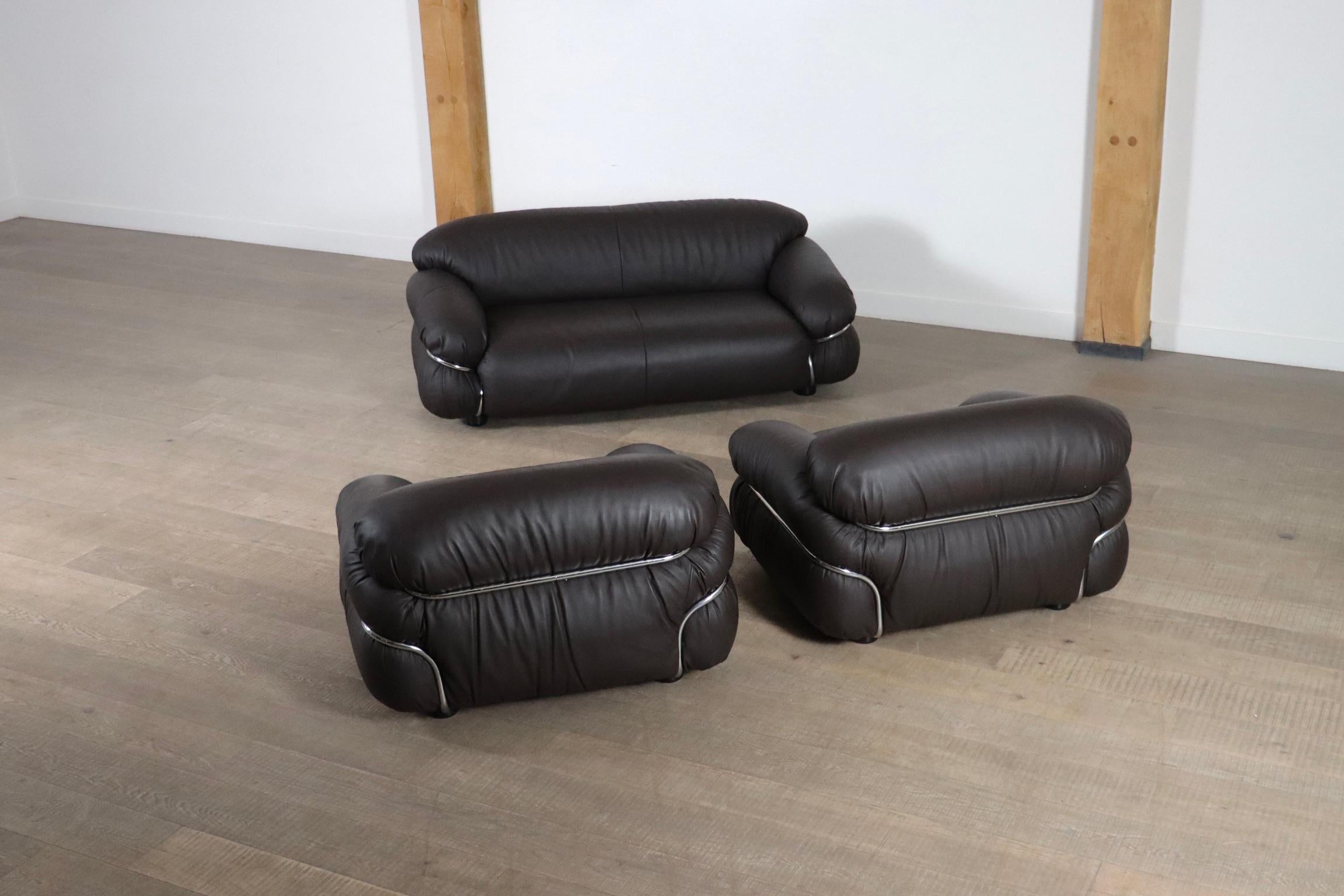 Paar Sesann Lounge Chairs Gianfranco Frattini In braunem Leder, Cassina 1969 im Angebot 5