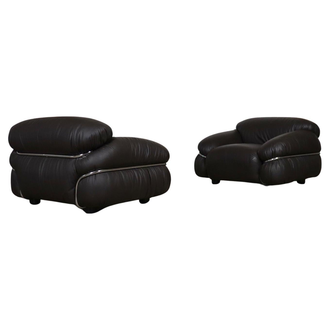 Pair Of Sesann Lounge Chairs Gianfranco Frattini In brown Leather, Cassina 1969