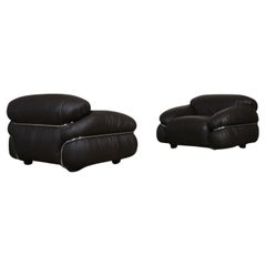Pair Of Sesann Lounge Chairs Gianfranco Frattini In brown Leather, Cassina 1969