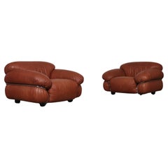 Pair Of Sesann Lounge Chairs Gianfranco Frattini In Cognac Leather, Cassina 1969