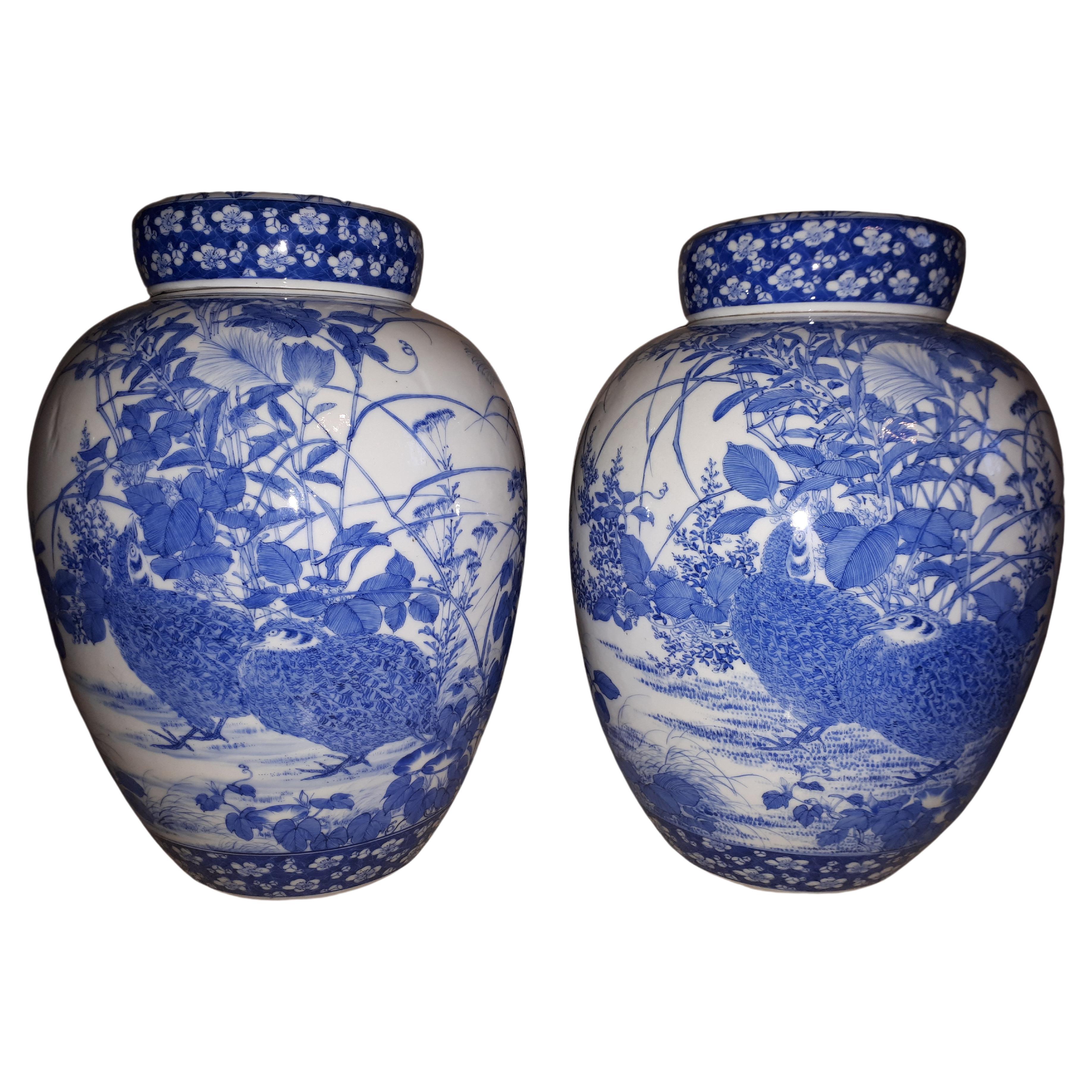 Paire de vases couverts en porcelaine de Seto, époque Meiji en vente