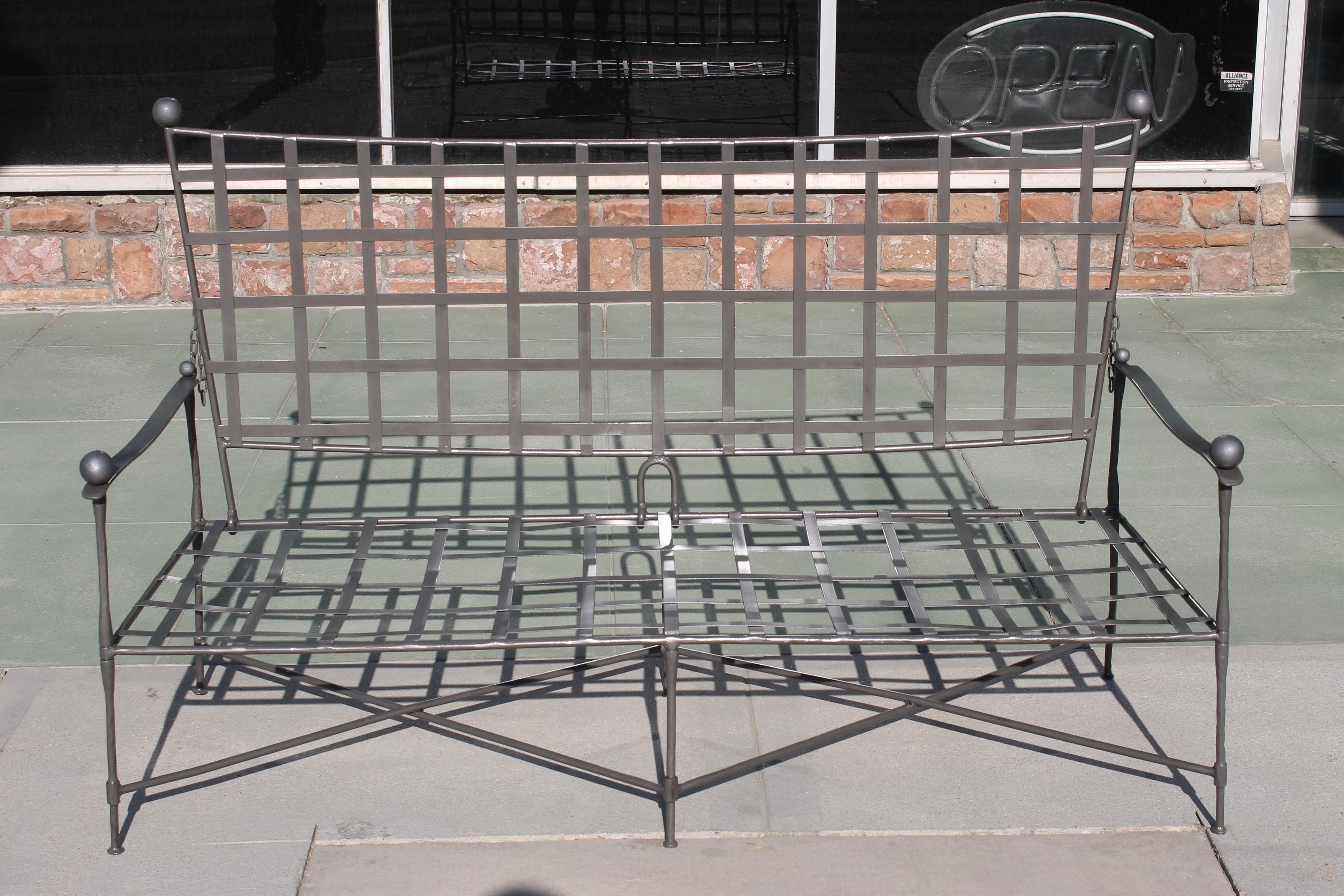 Pair of settees by Mario Papperzini for John Salterini. They have been professionally sand blasted and powder coated. Color is a rust grey. The back portions are not adjustable but, modifying the chain link could make them adjustable. If so, the