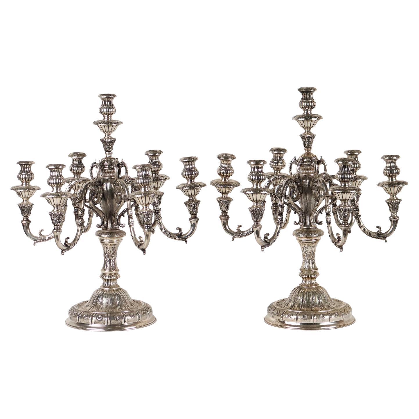 Pair of Seven-Armed Silver Candelabra