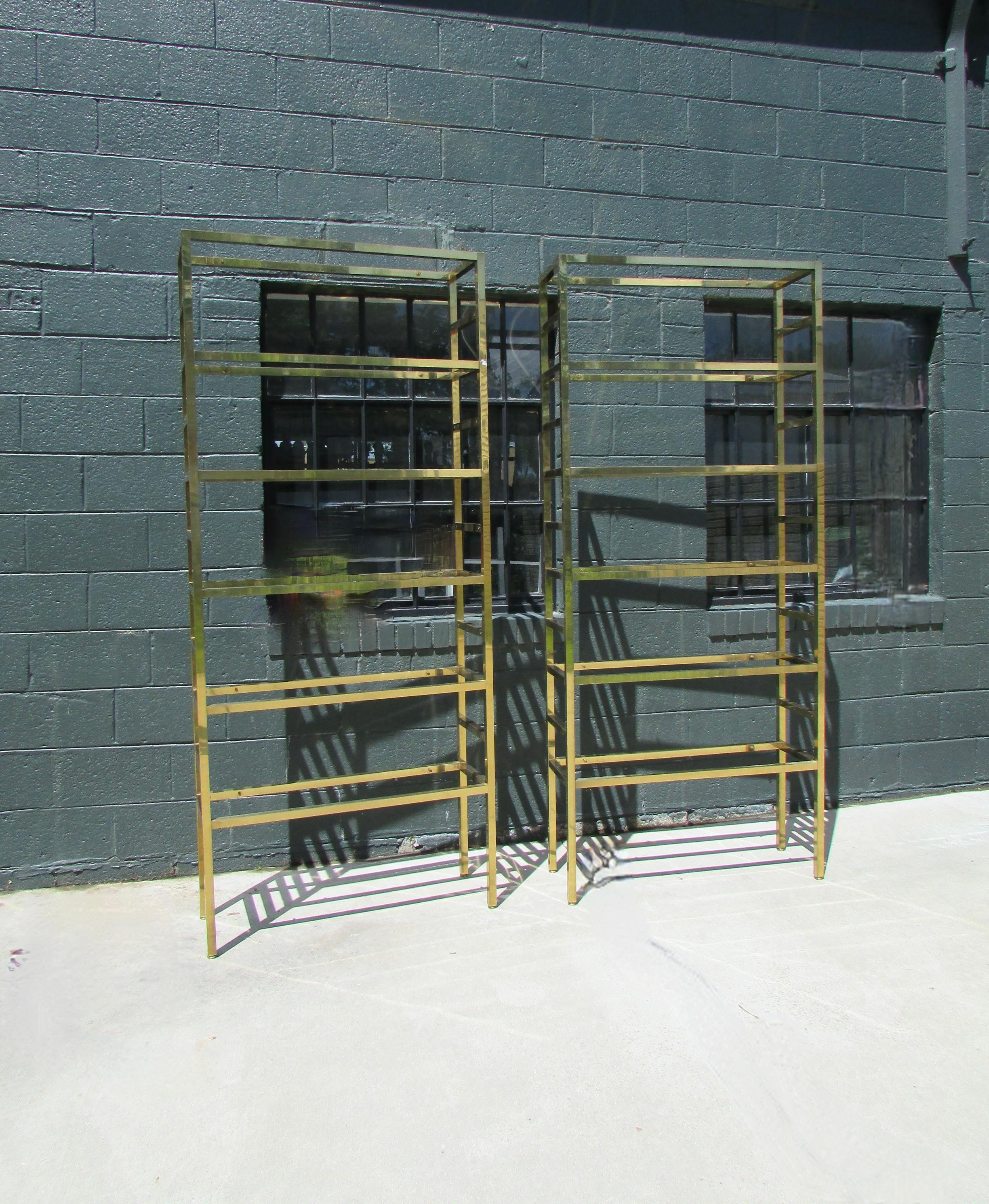Pair of Seven Foot Tall Mastercraft Brass Display Etageres with Glass Shelves 3