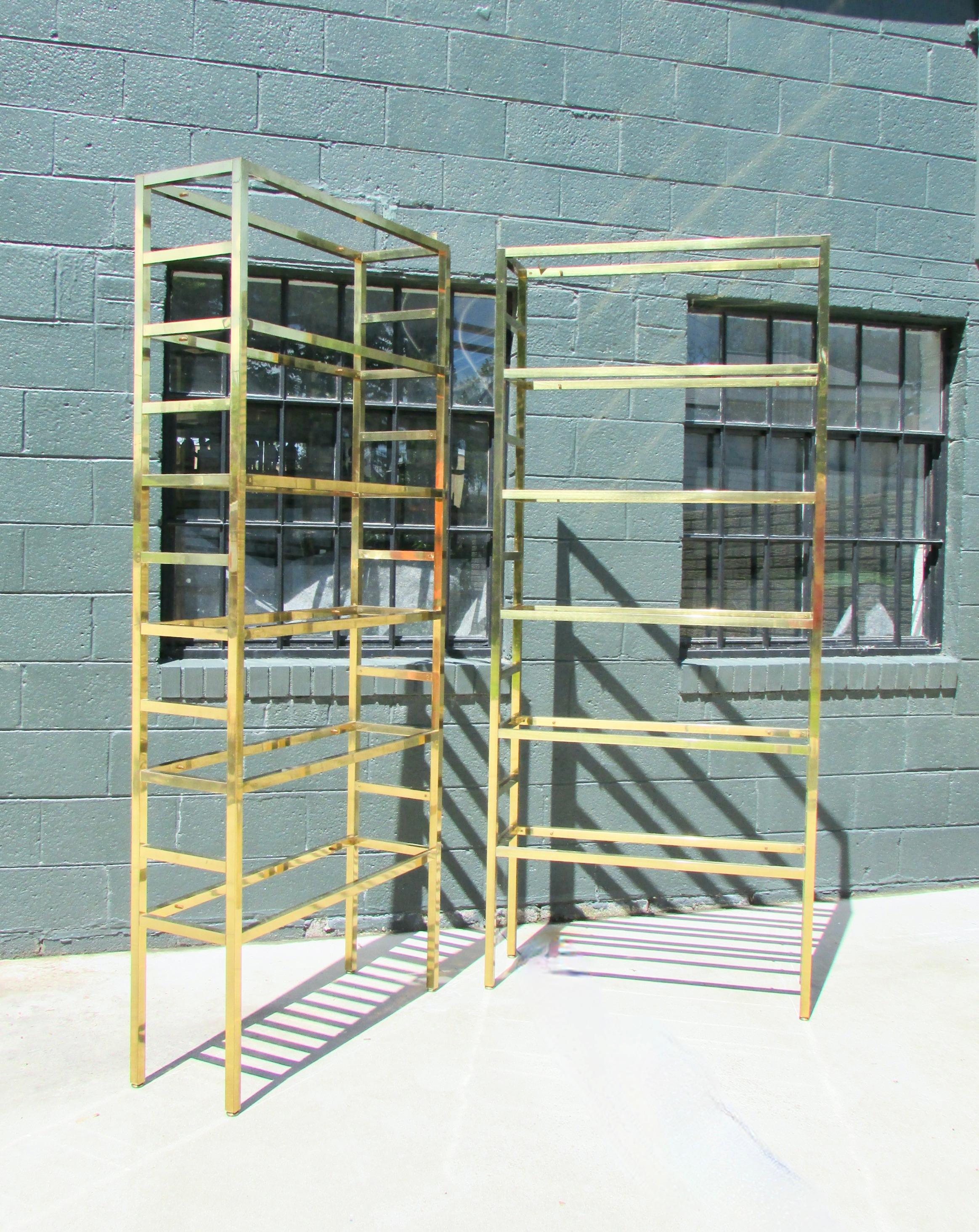Mid-Century Modern Pair of Seven Foot Tall Mastercraft Brass Display Etageres with Glass Shelves